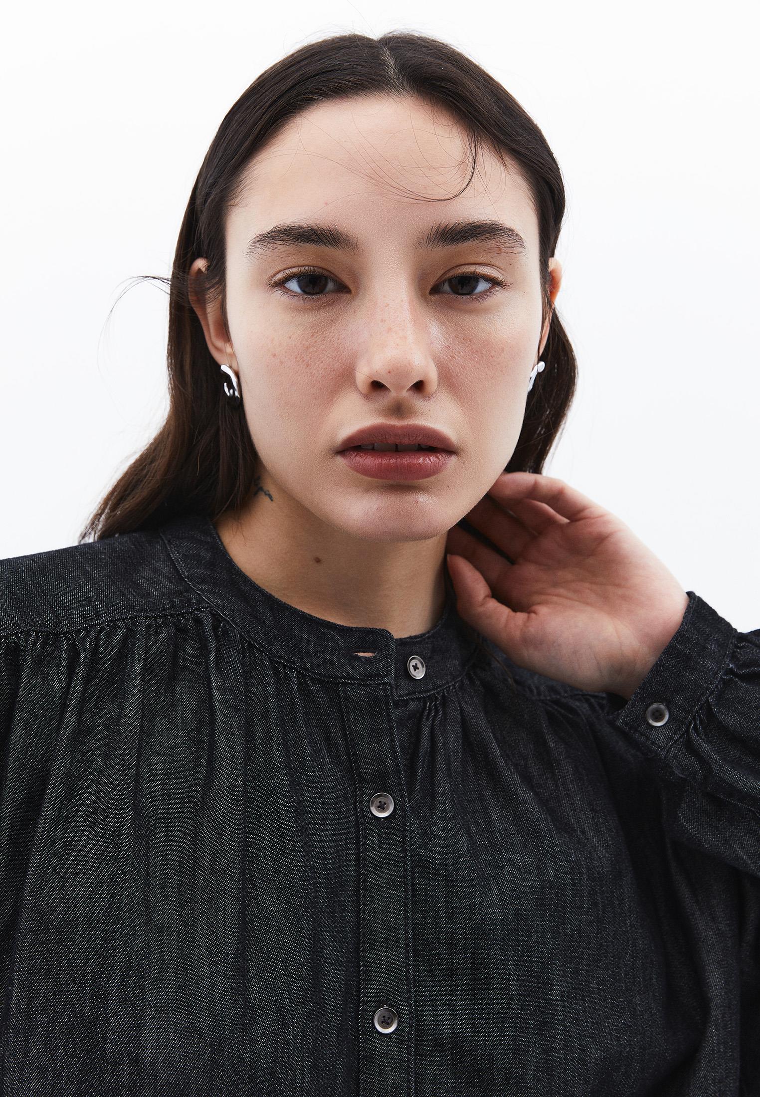 Bat Sleeve Mandarin Collar Buttoned Shirt - BLACK DENIM