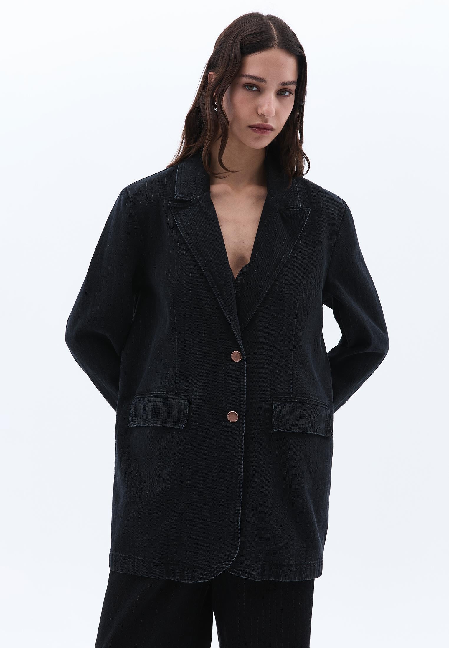 Double Breasted Lapel Boyfriend Blazer Jacket - BLACK DENIM