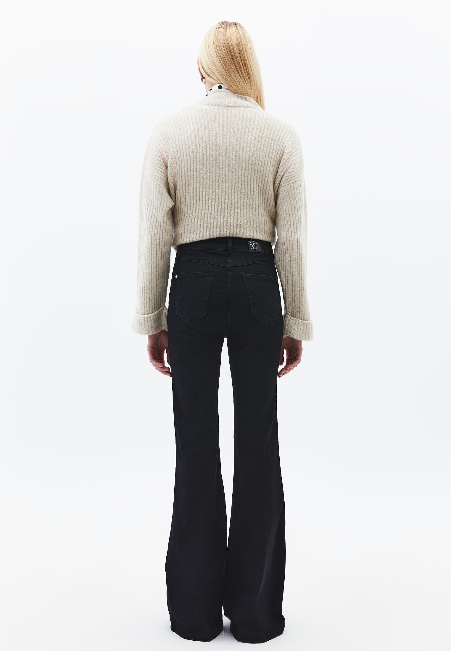 Button Detailed Ultra High Waist Flared Pants - BLACK DENIM