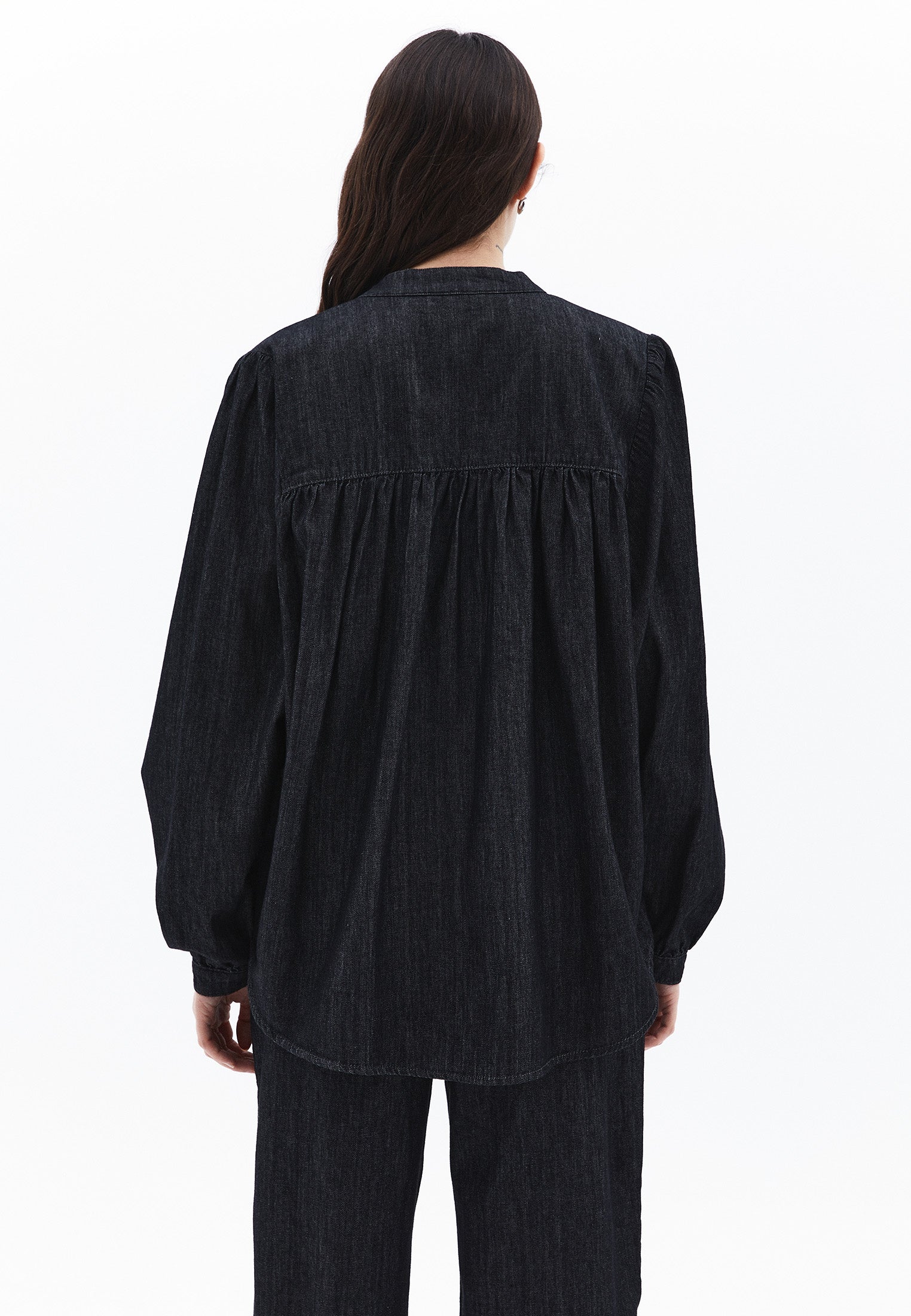 Bat Sleeve Mandarin Collar Buttoned Shirt - BLACK DENIM