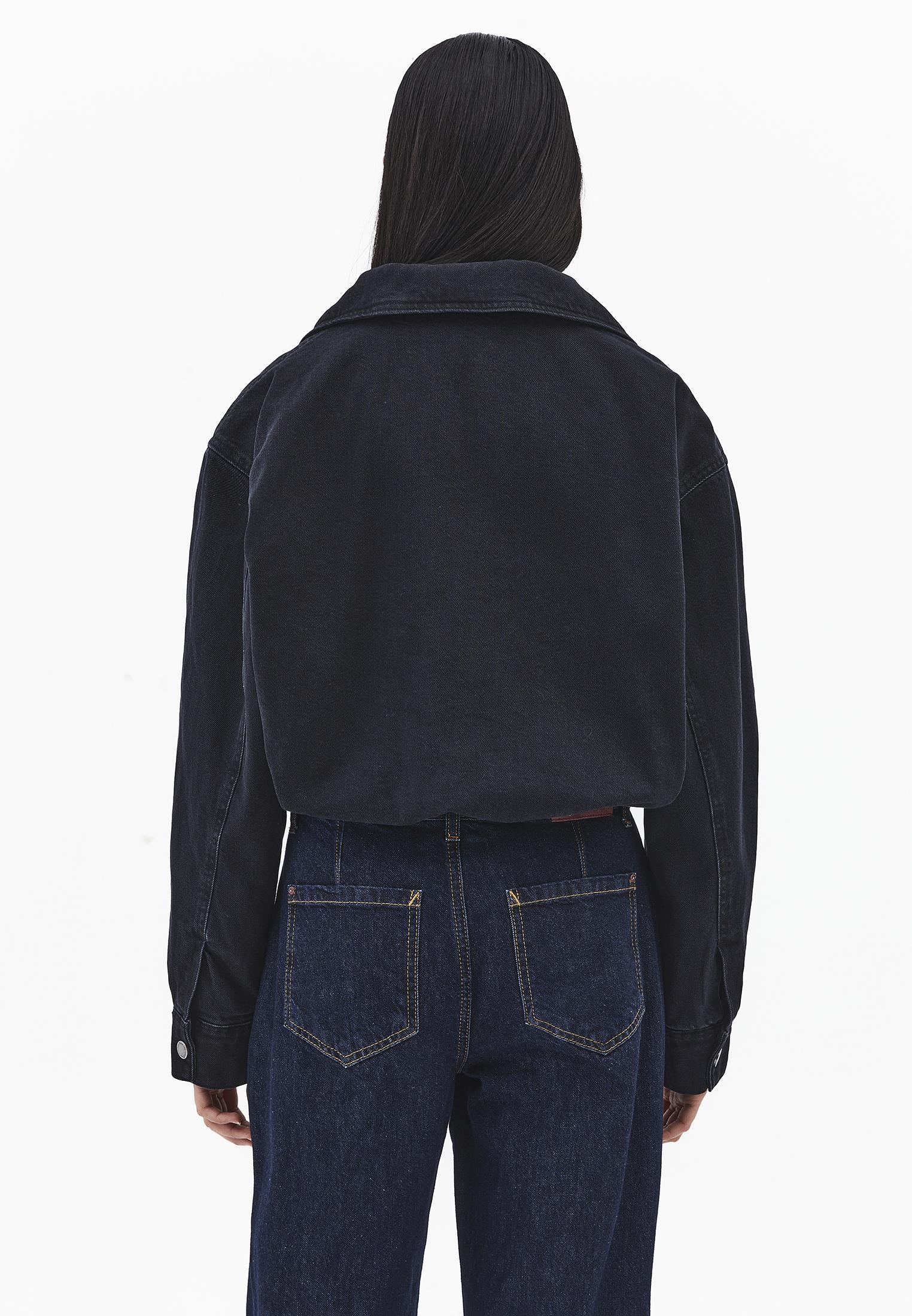 Oversize High Neck Bomber Jacket - BLACK DENIM