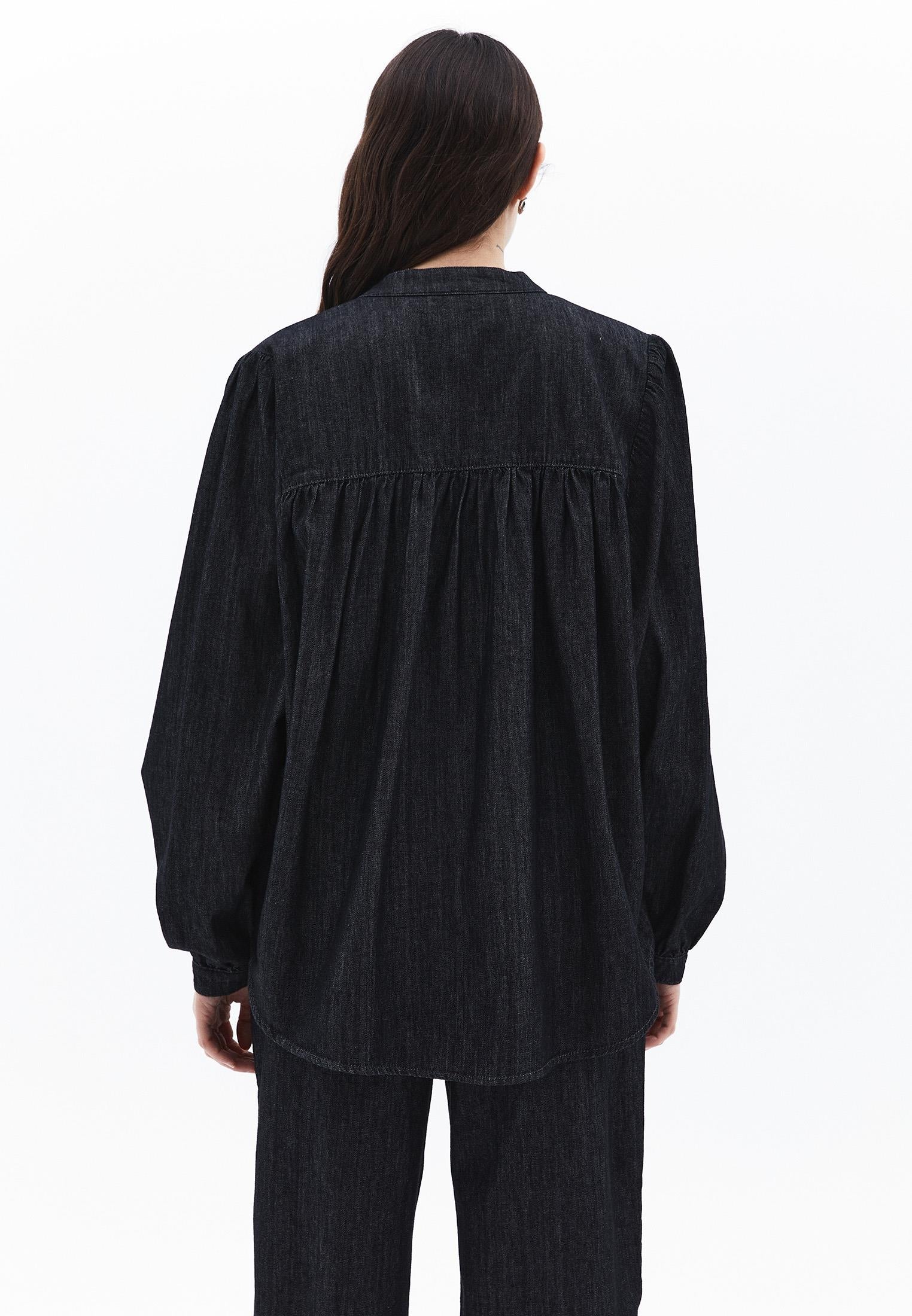 Bat Sleeve Mandarin Collar Buttoned Shirt - BLACK DENIM