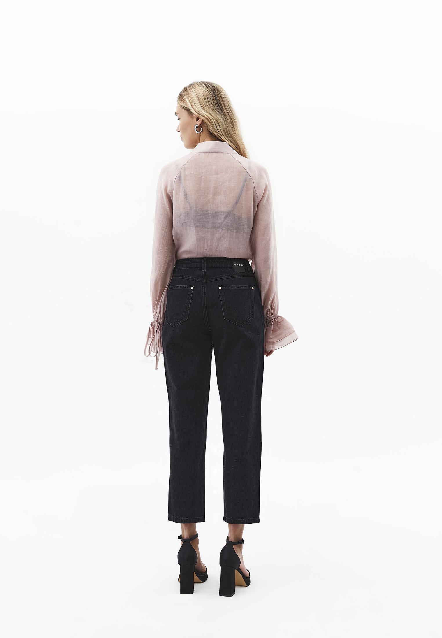 Ultra High Waist Mom Jeans Pants With Stone Details - BLACK DENIM