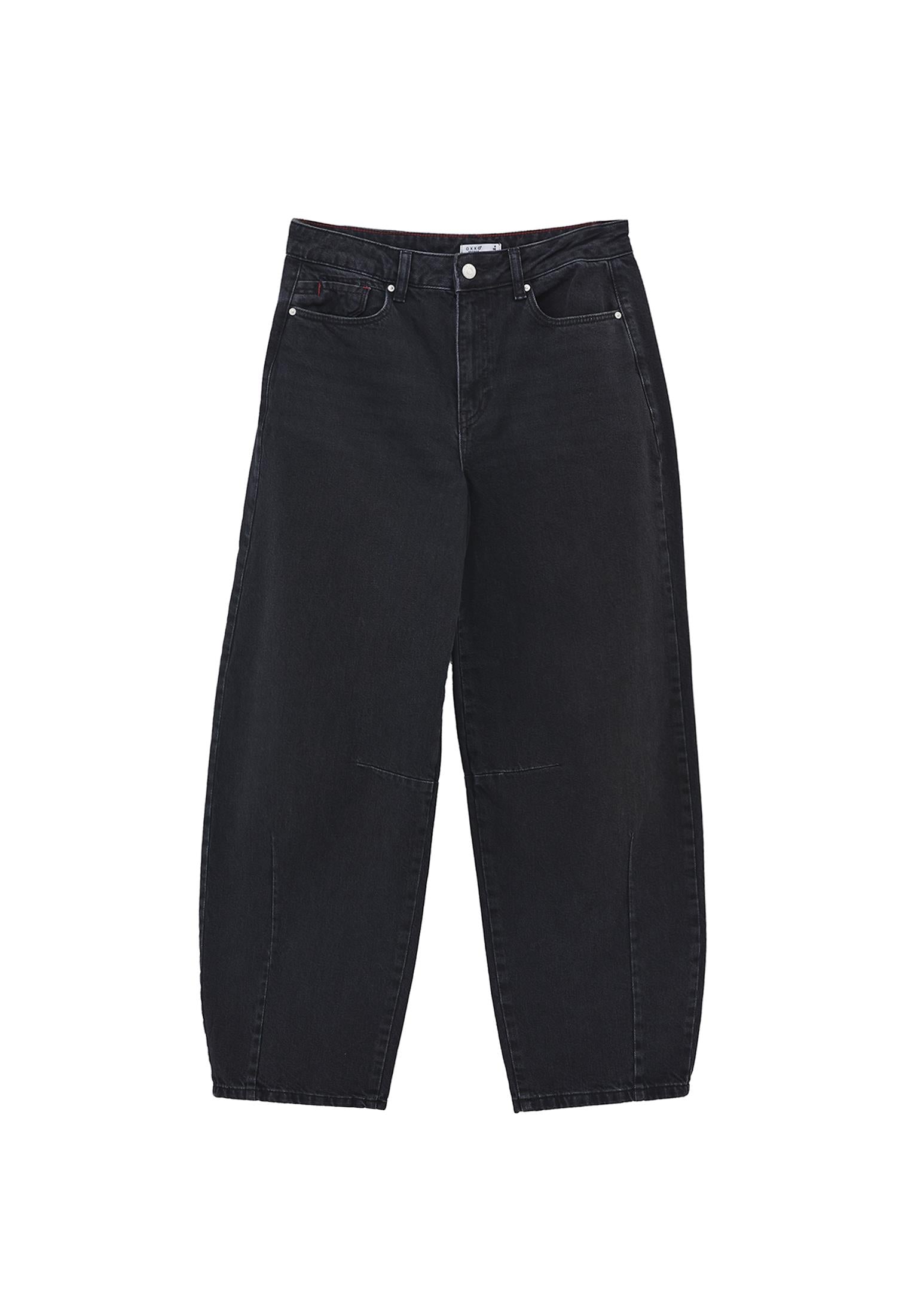 Cut Detail Barrel Leg Regular Waist Denim Pants - BLACK DENIM