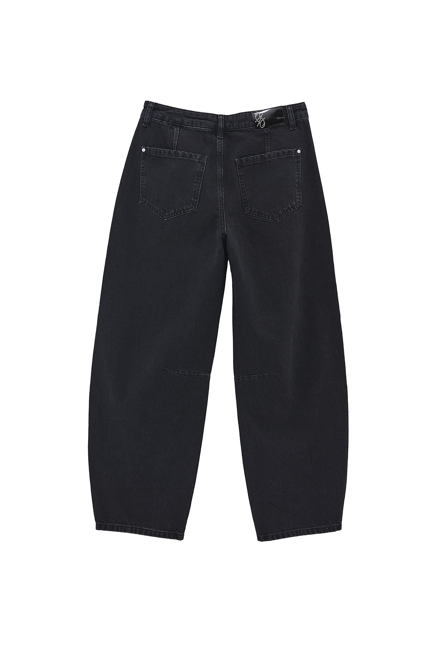 Cut Detail Barrel Leg Regular Waist Denim Pants - BLACK DENIM