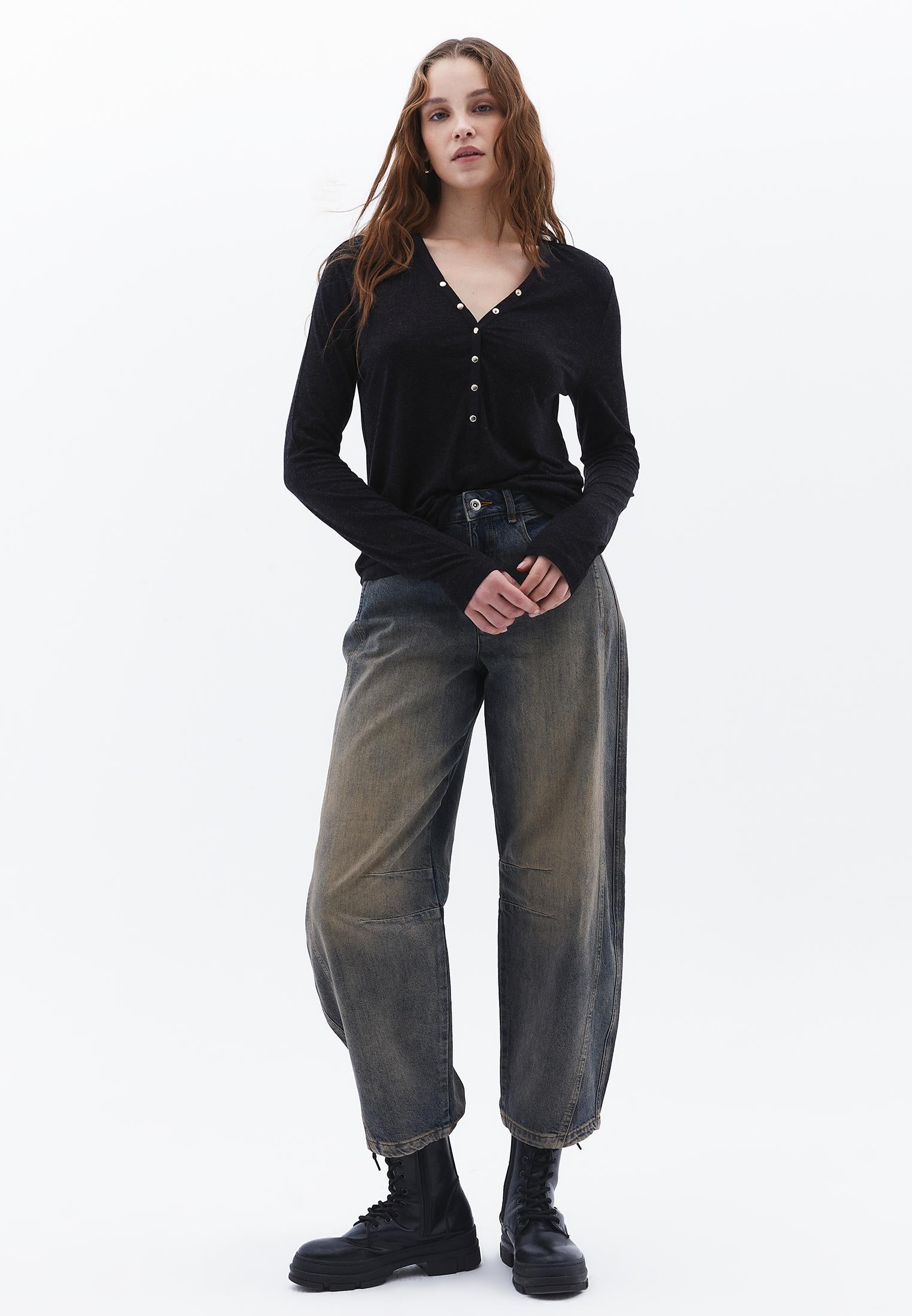 V Neck Long Sleeve T Shirt - BLACK MELANGE