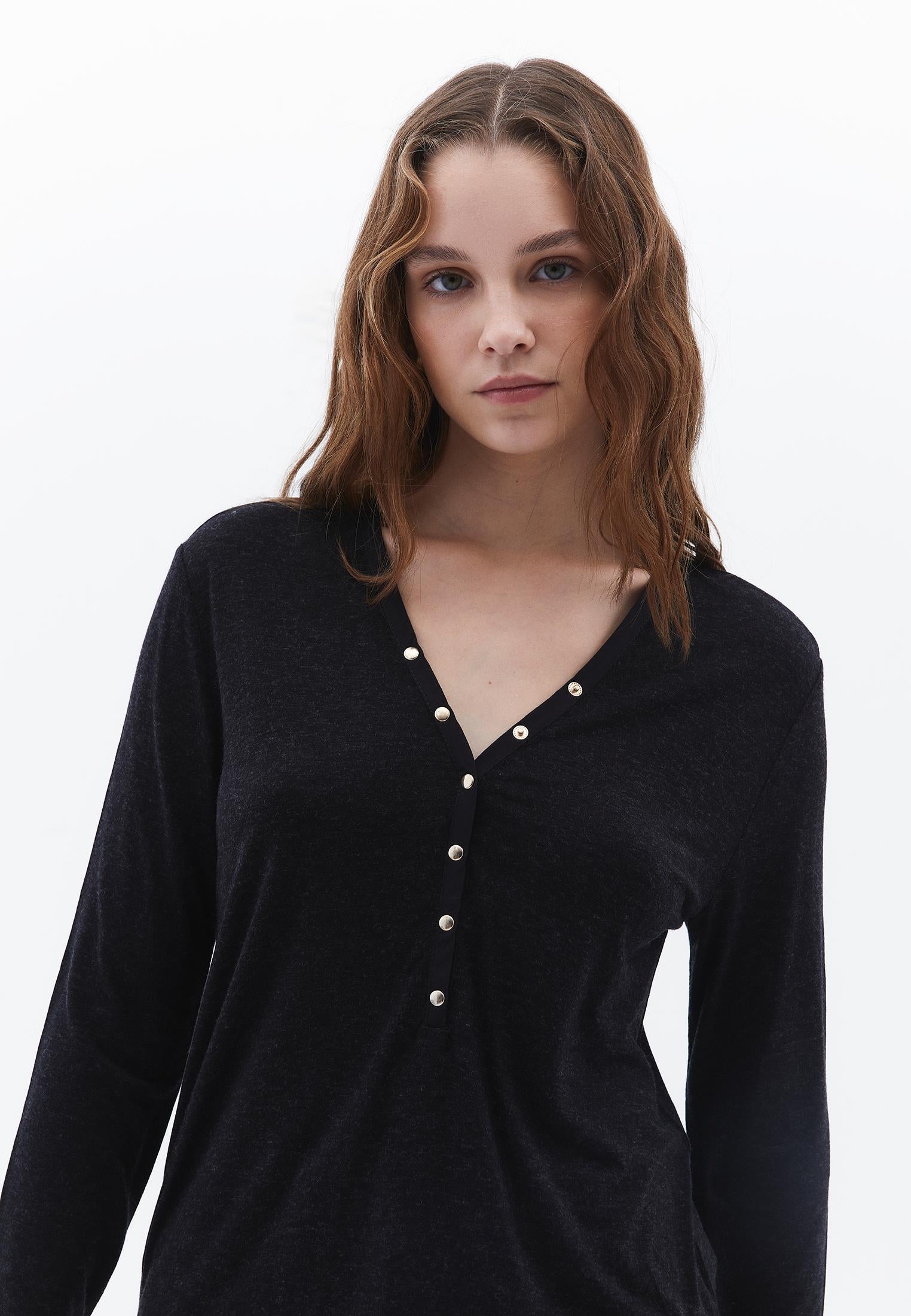 V Neck Long Sleeve T Shirt - BLACK MELANGE