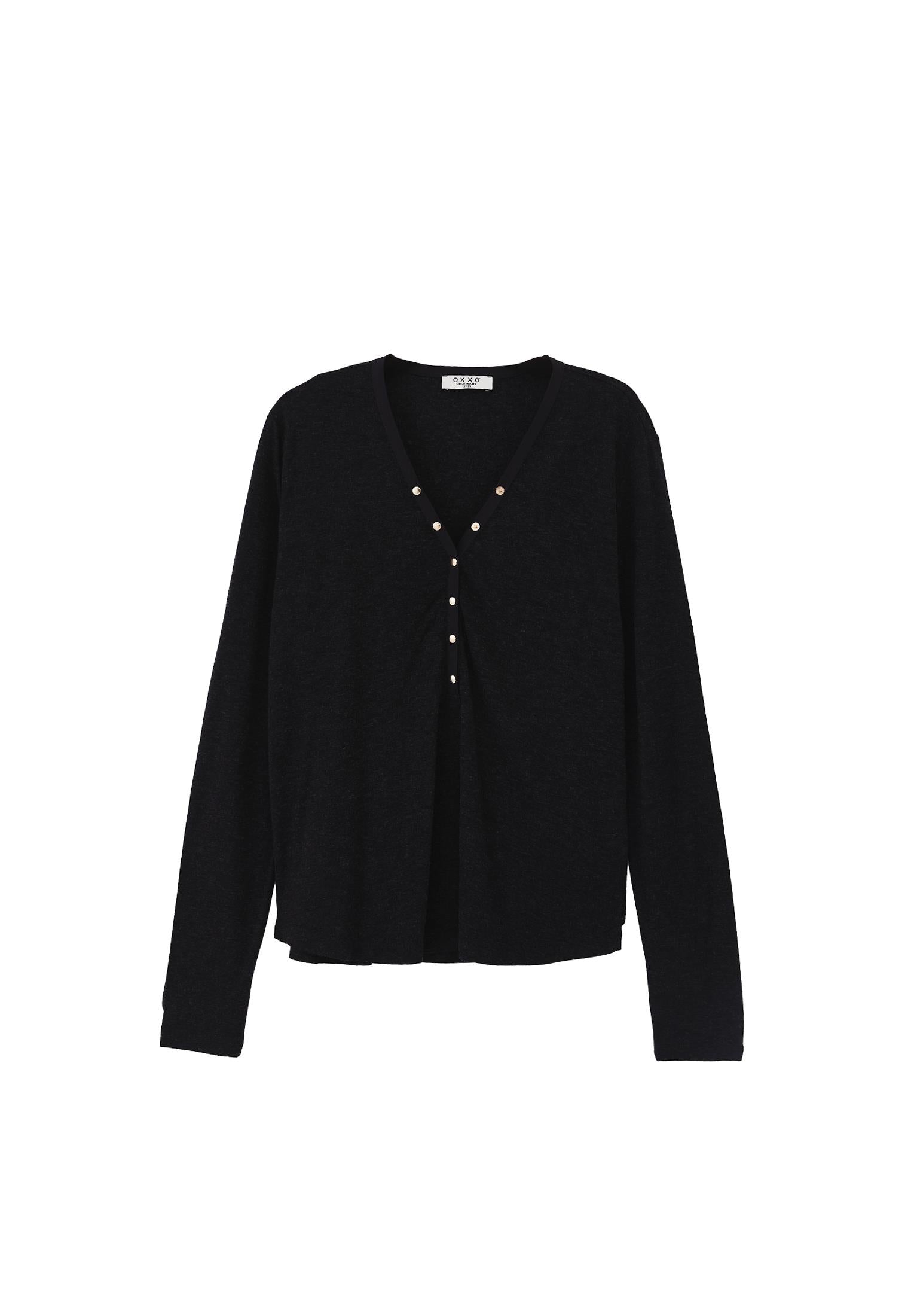 V Neck Long Sleeve T Shirt - BLACK MELANGE