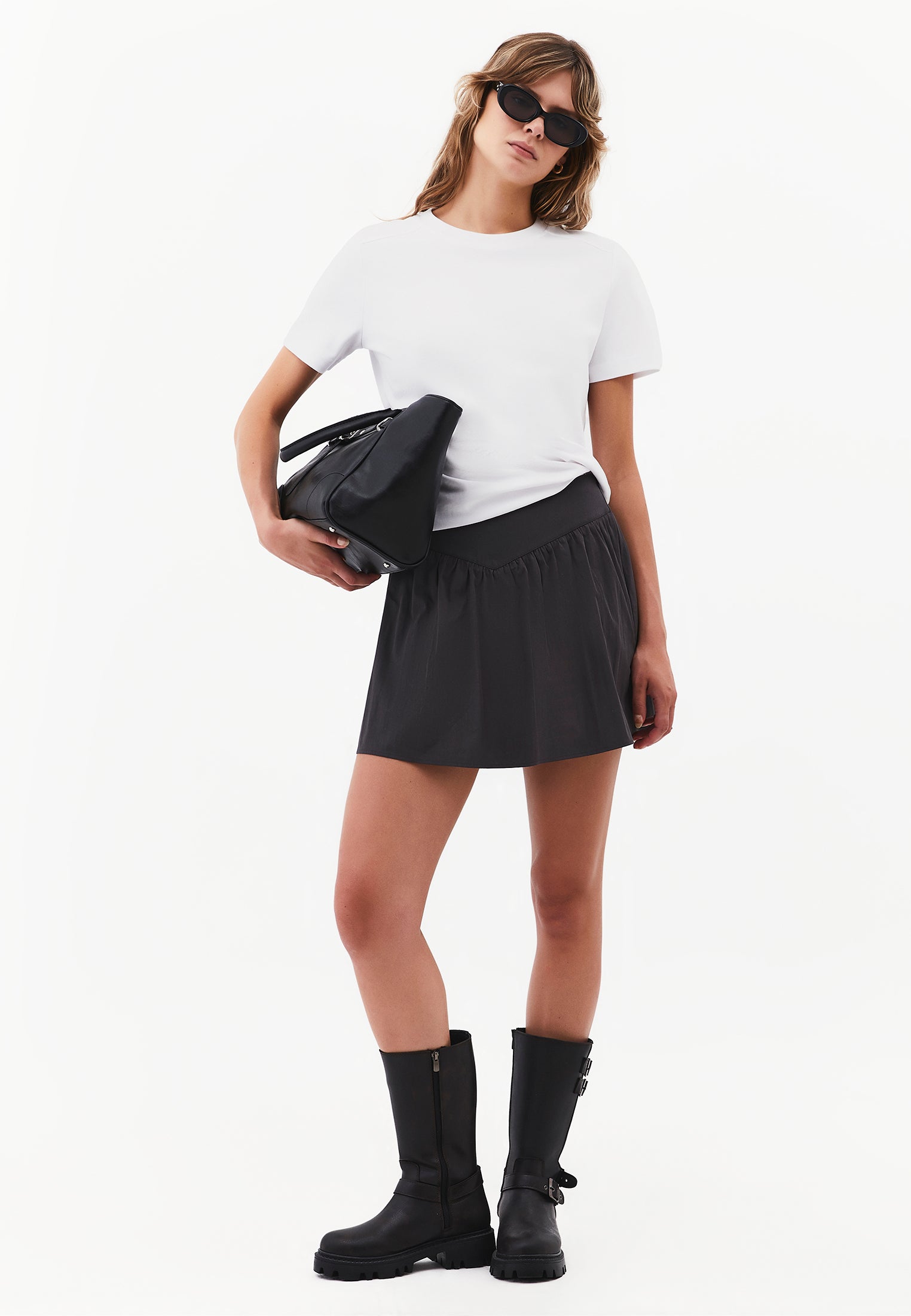 Ultra High Waist A-Line Ruched Mini Skirt - BLACK SAND