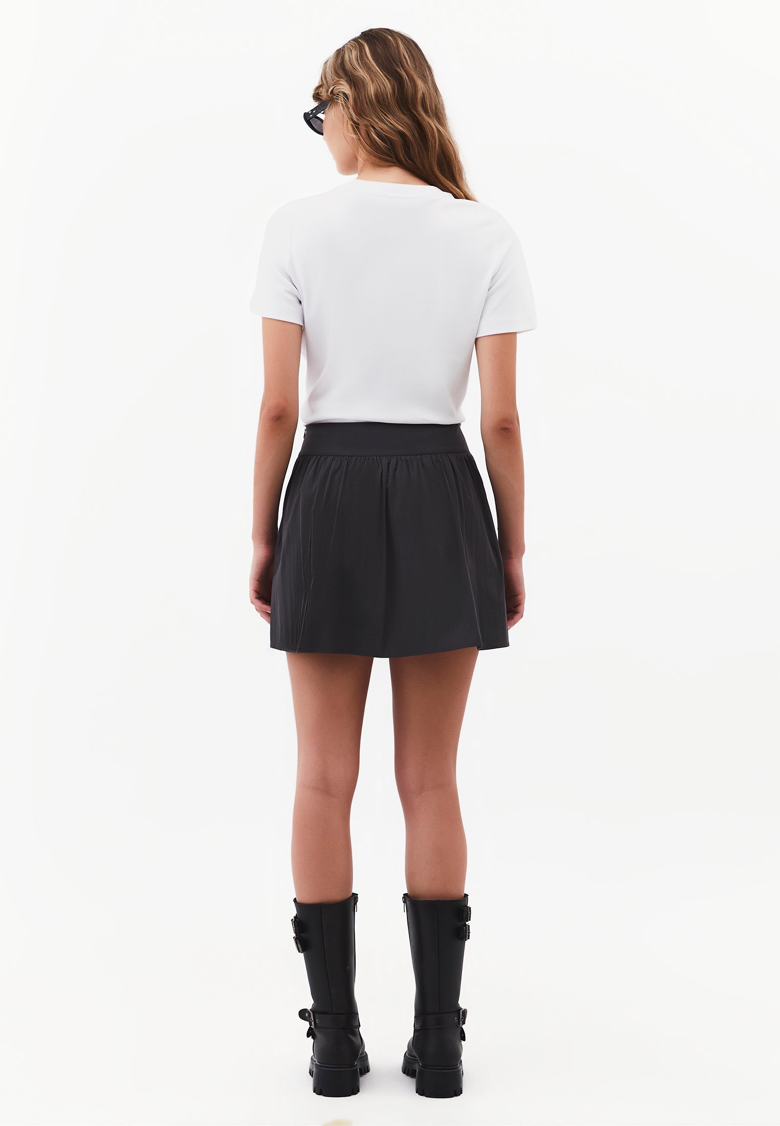Ultra High Waist A-Line Ruched Mini Skirt - BLACK SAND