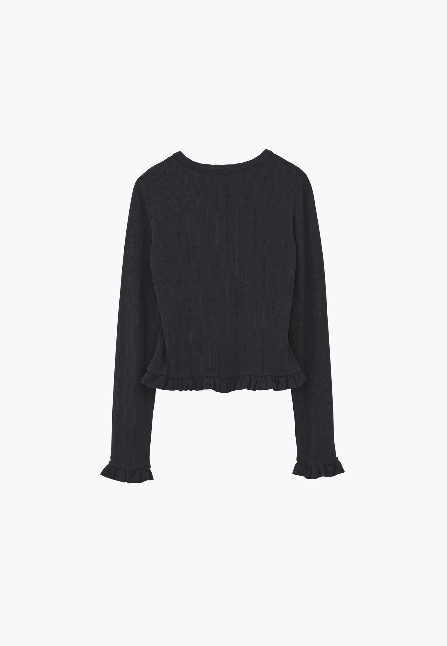 Cardigan With Ruffle Details And Round Neckline - BLACK SAND