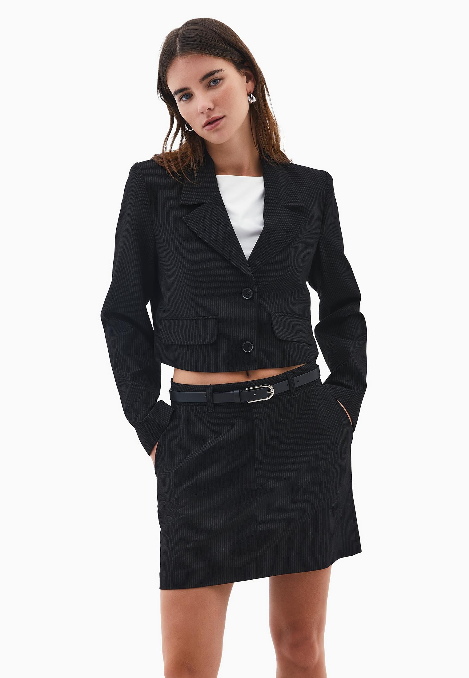Slim Fit Cropped Blazer Jacket - BLACK STRIPE