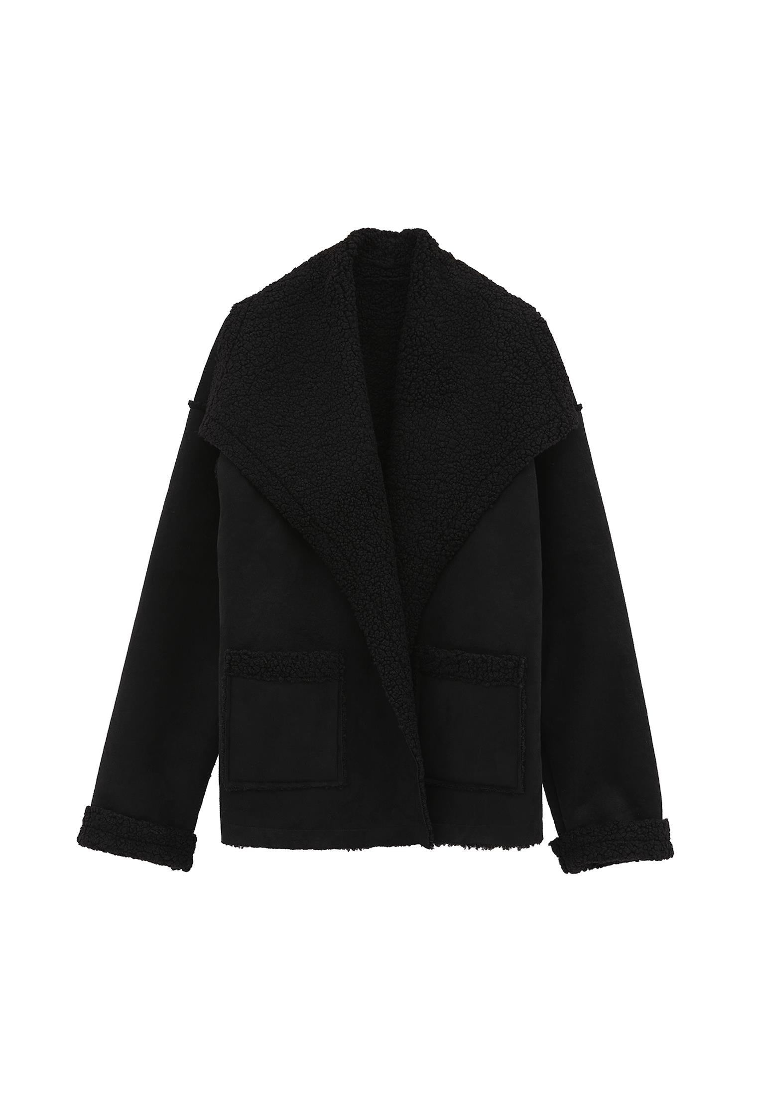 Shawl Collar Long Sleeve Bouclé Jacket - BLACK