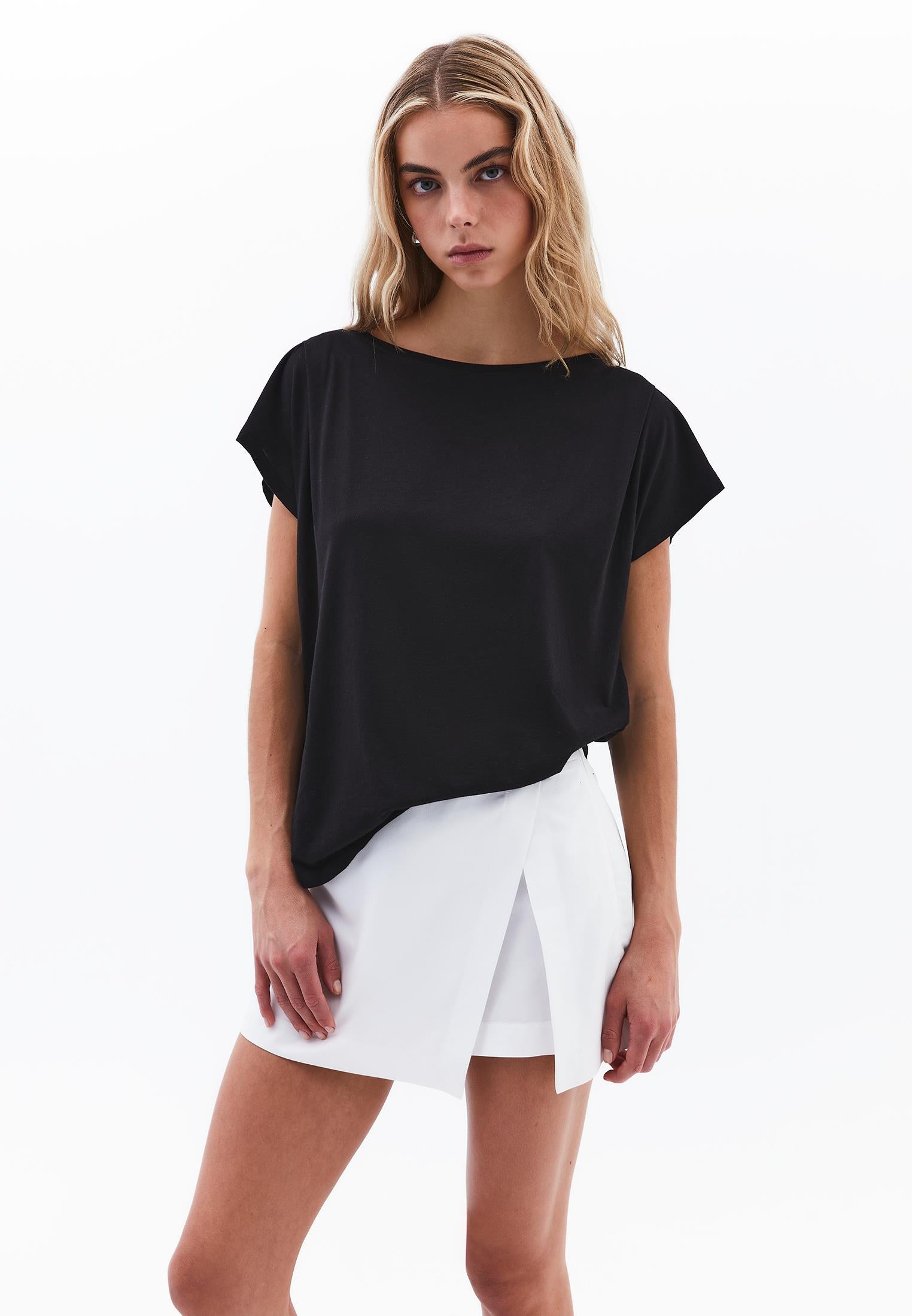 Boat Neck Loose Fit T-Shirt - BLACK