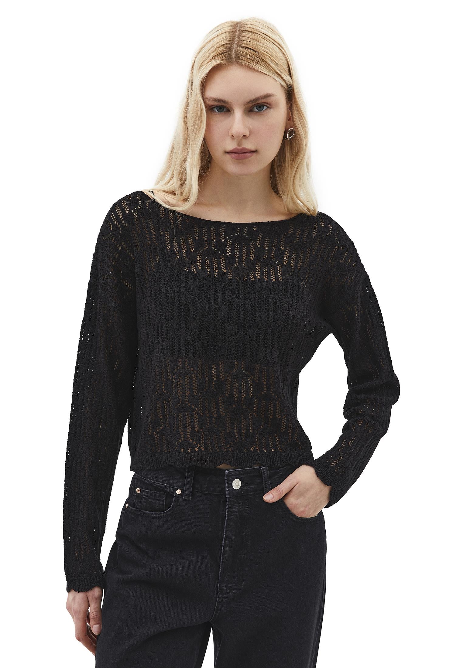 Openwork Boat Neck Sweater - BLACK