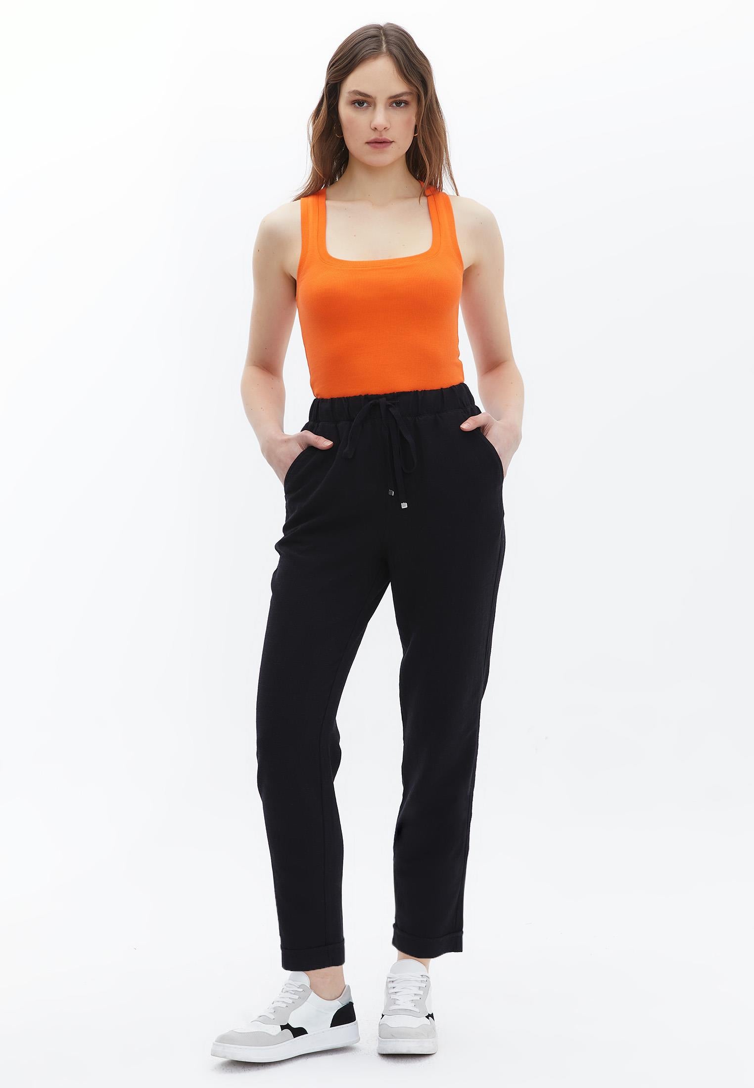 High Waist Elastic Carrot Pants - BLACK