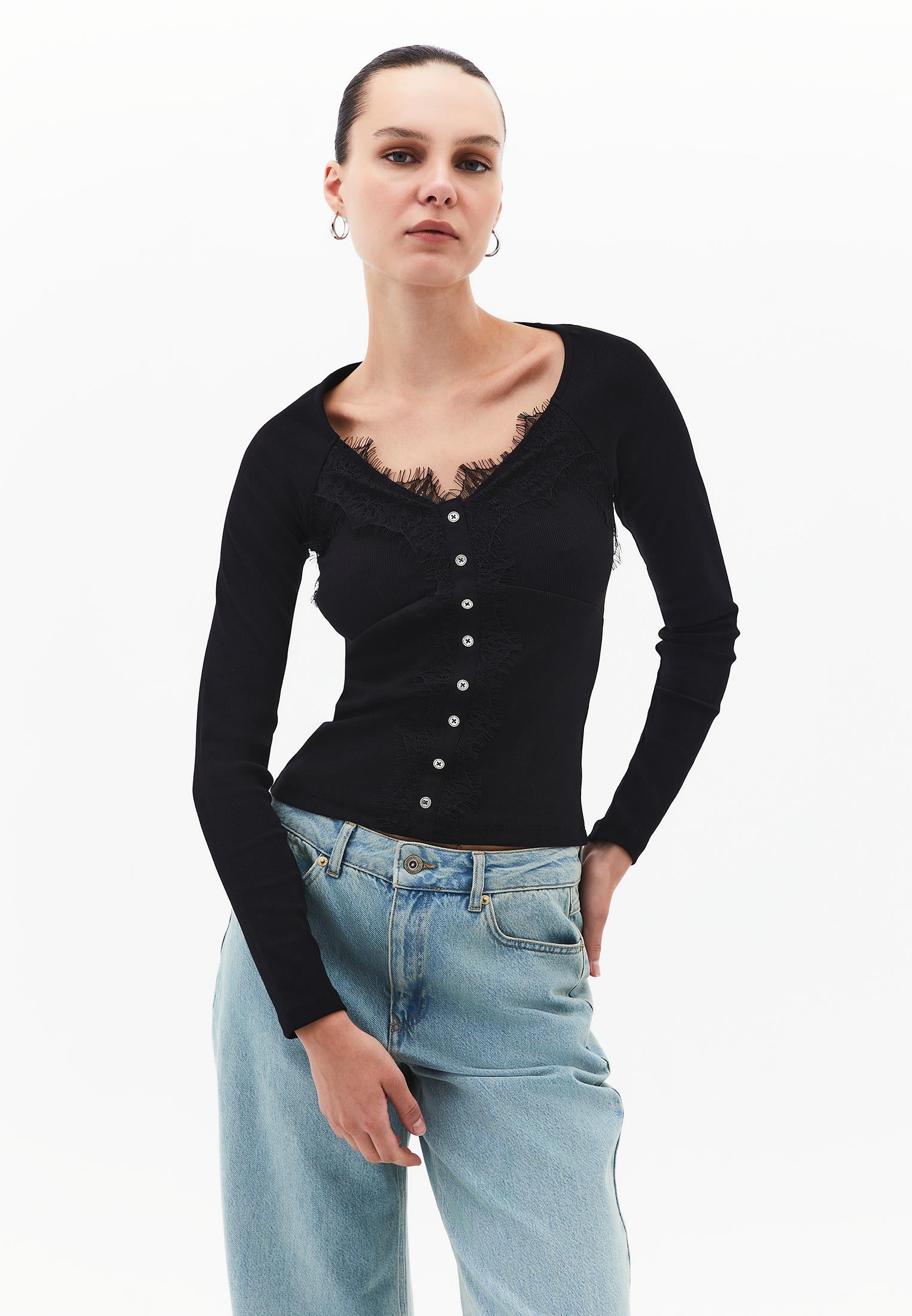Ribbed Fabric Button Detailed V Neck Long Sleeve T-Shirt - BLACK