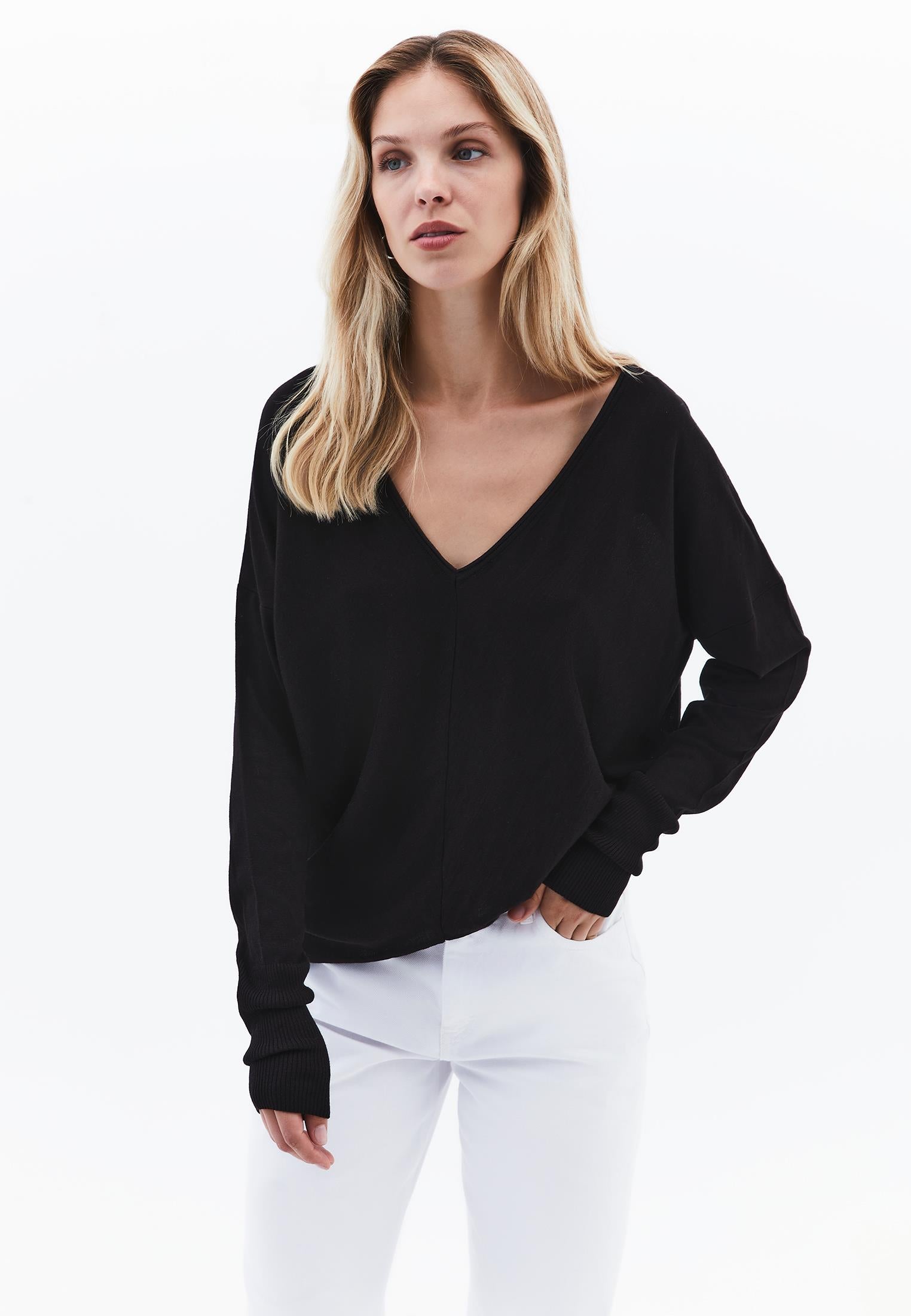 V Neck Long Sleeve Sweater - BLACK