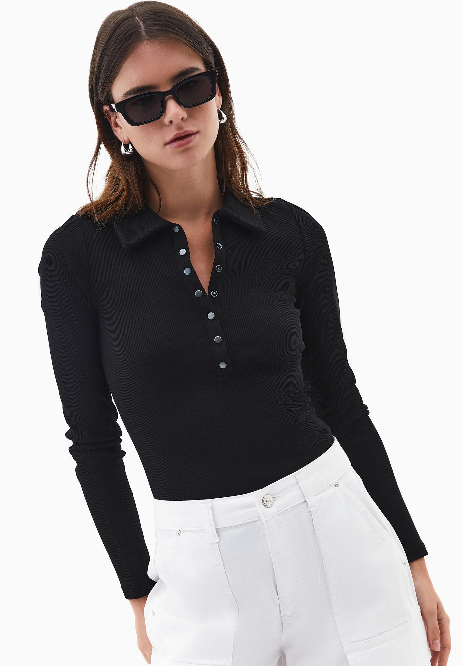 Polo Collar Long Sleeve Bodycon T-Shirt - BLACK