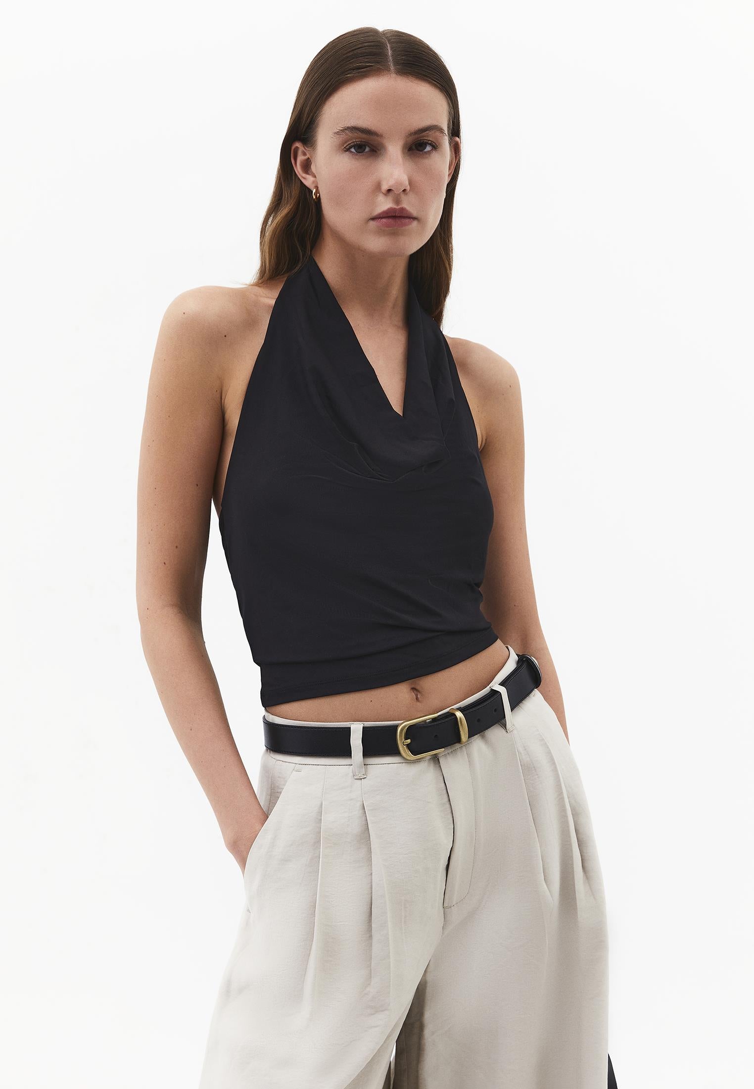 Cowl Neck Bodycon Sleeveless Blouse - BLACK