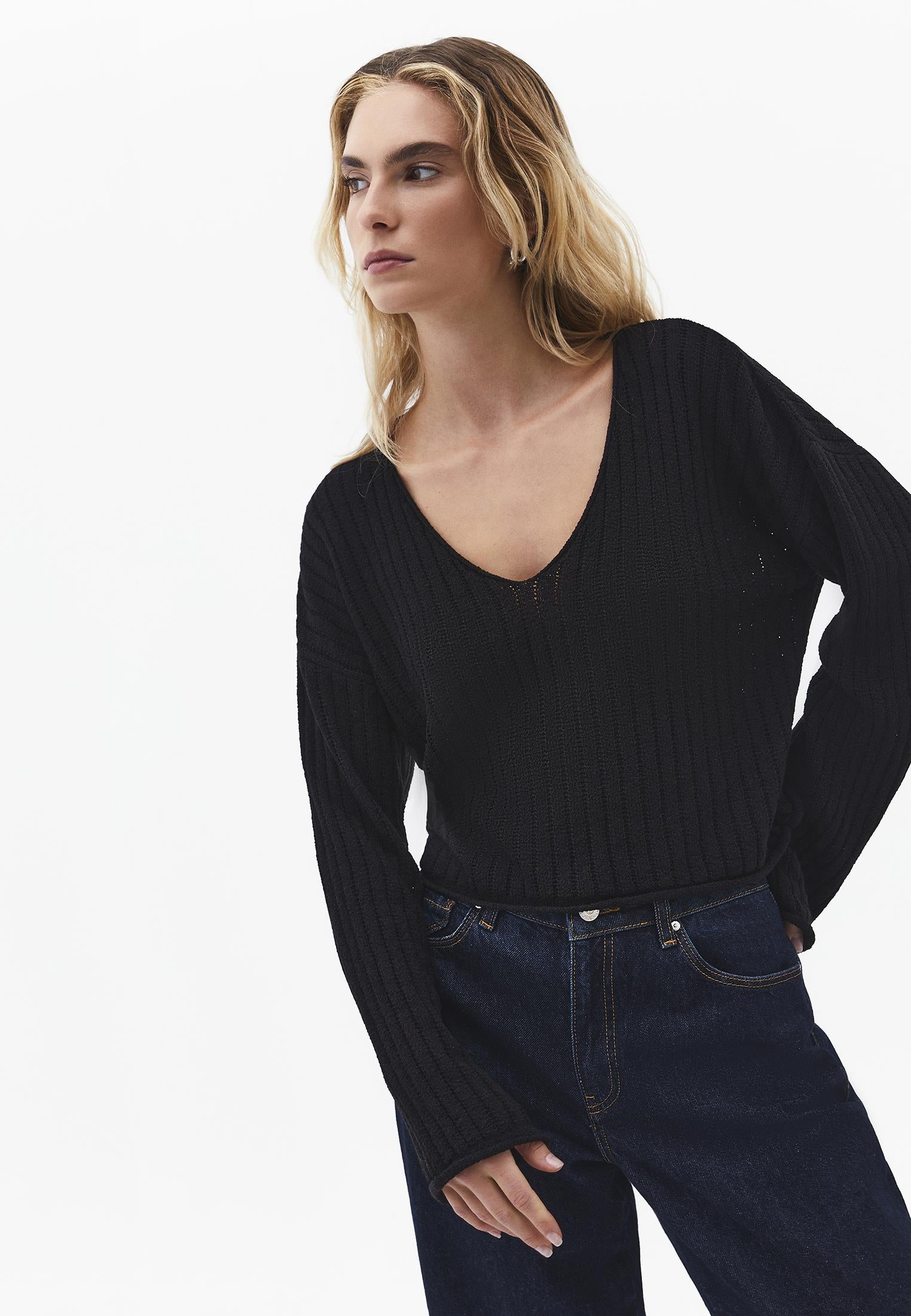 Ribbed V-Neck Long Sleeve Sweater - BLACK
