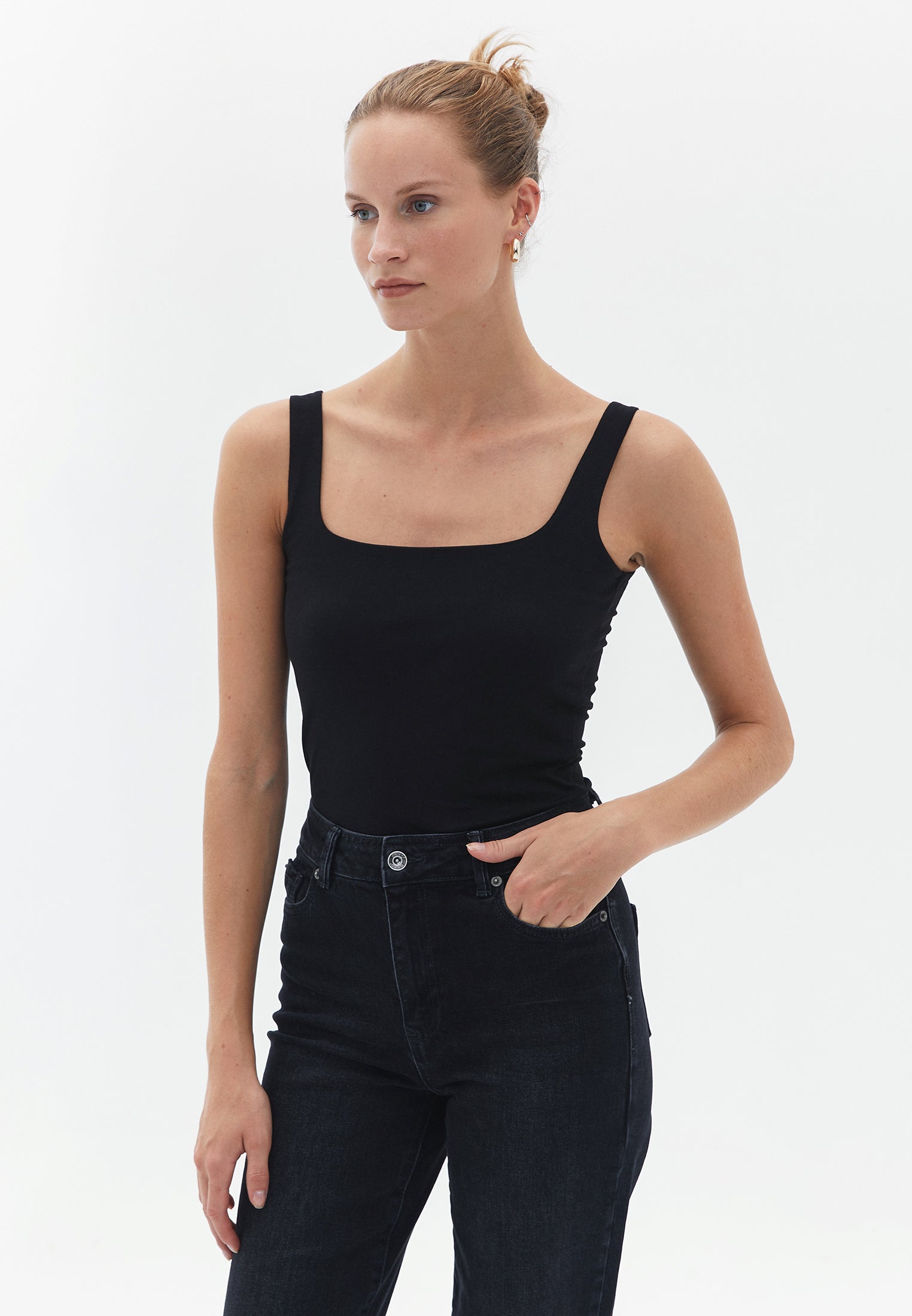 Square Neck Sleeveless Long Tank Top - BLACK