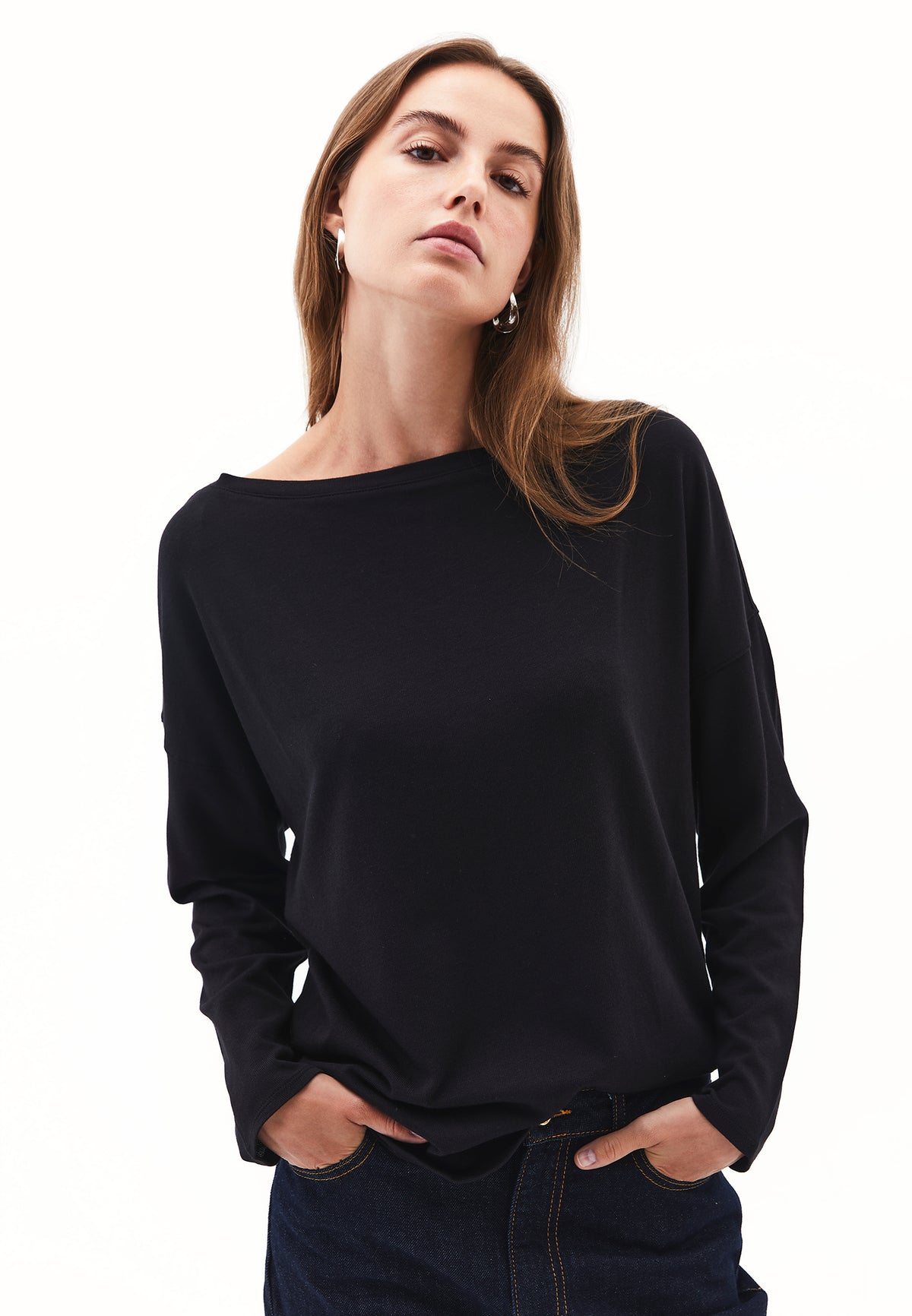 Boat Neck Loose Knit Look Sweater - BLACK