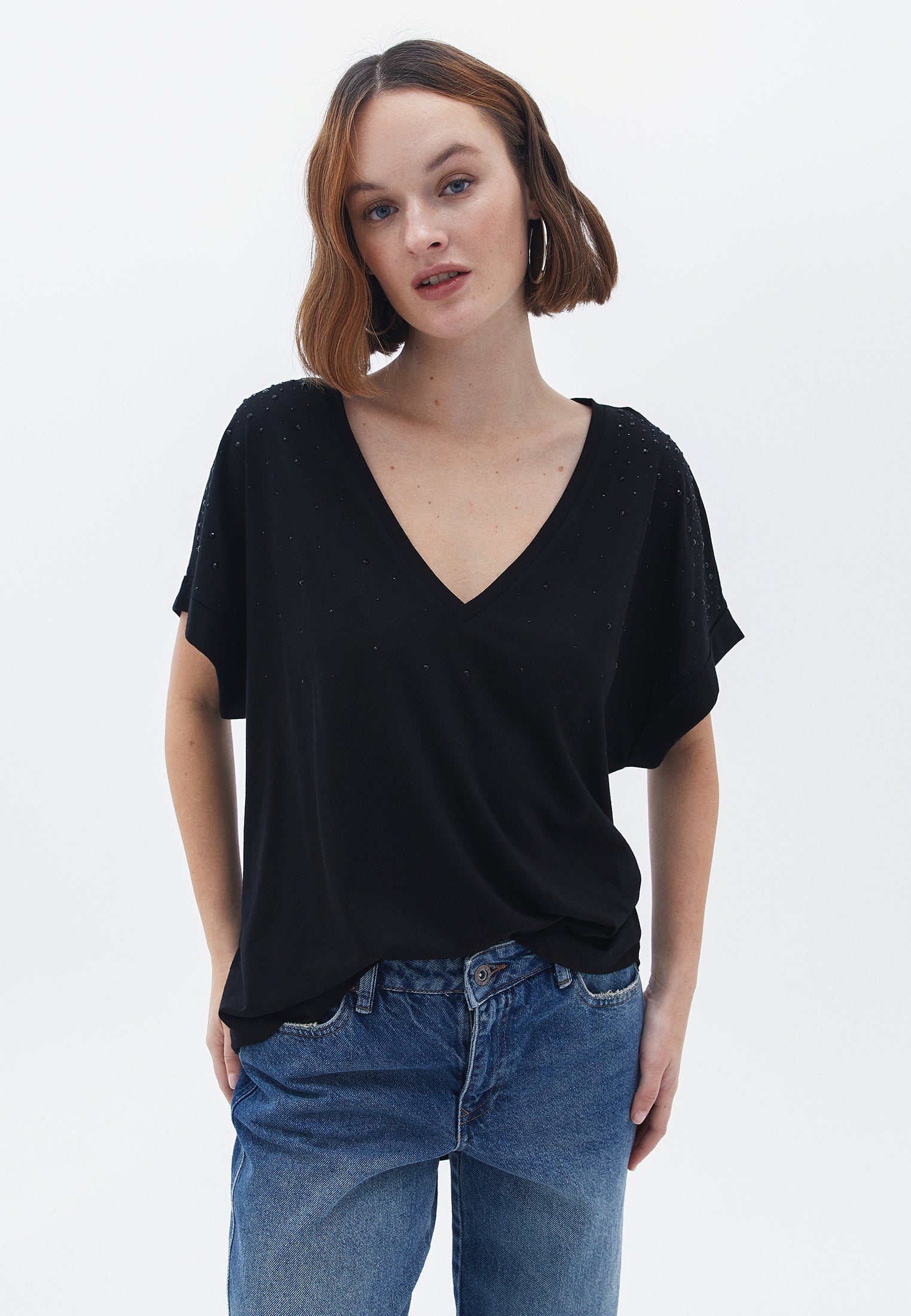 Stone Detailed Oversize Tunic T-Shirt - BLACK