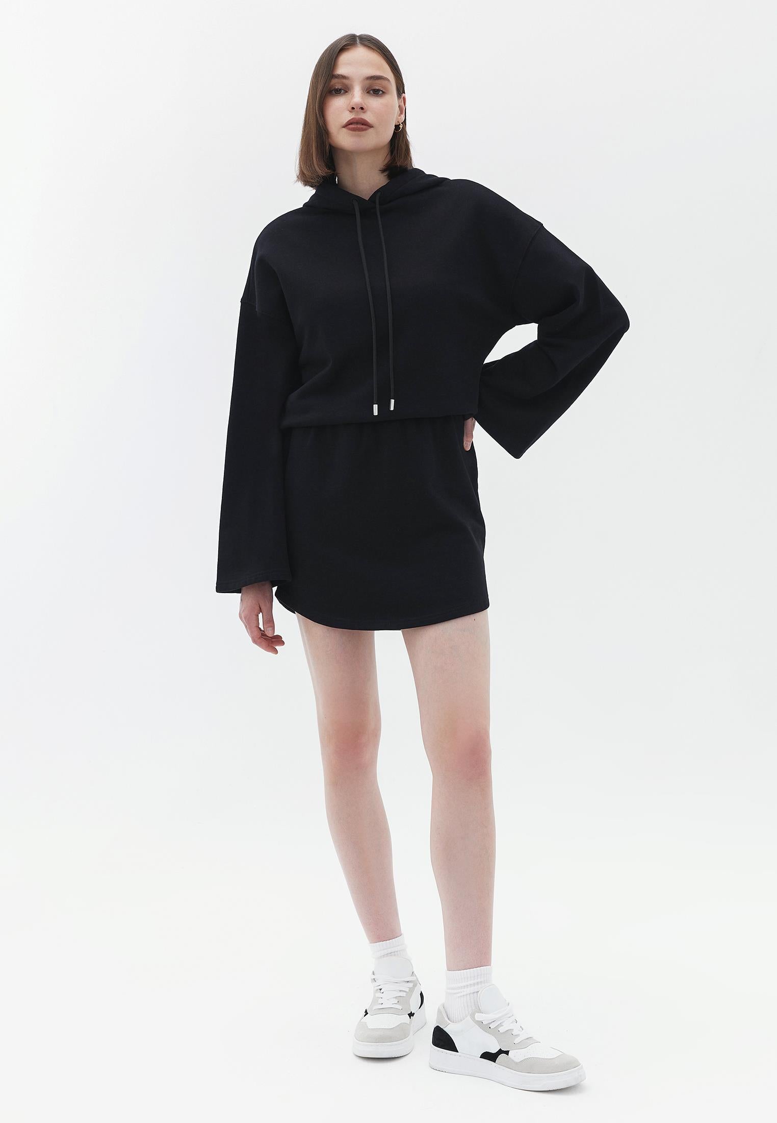 Short Hoodie Long Sleeve Dress - BLACK