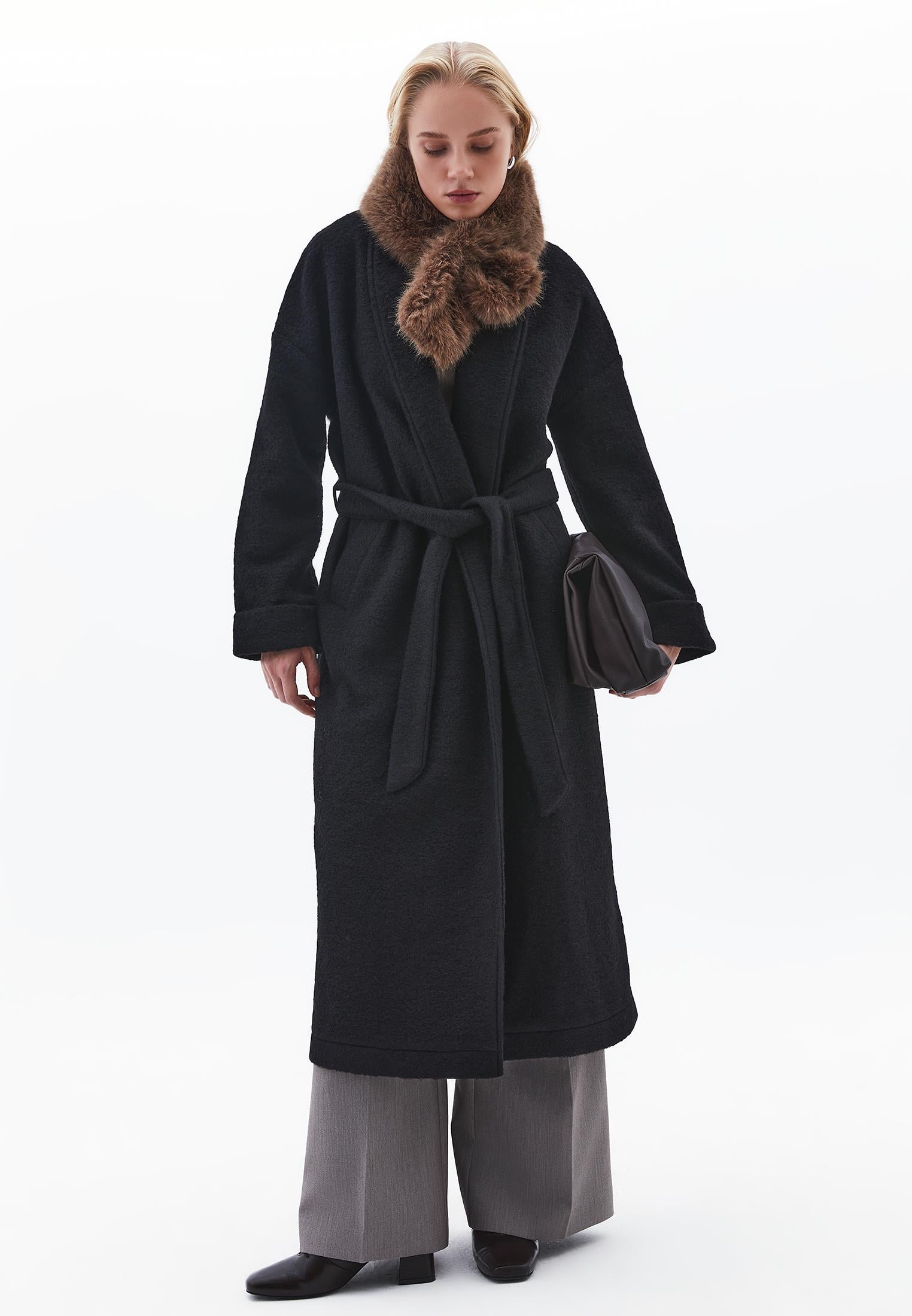 Long Coat With Shawl Collar And Belt Detail - BLACK