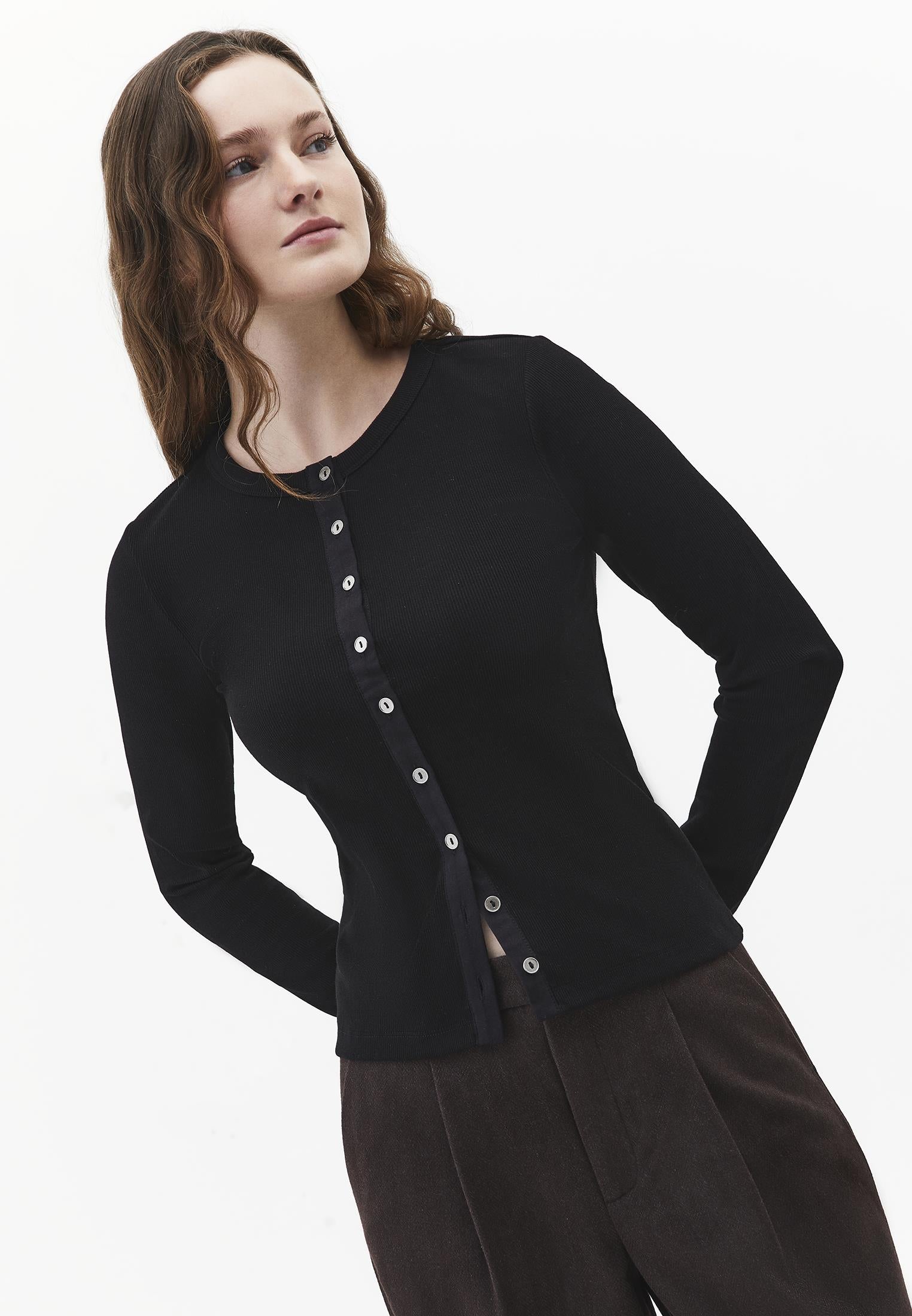 Button Detailed Crew Neck Long Sleeve T-Shirt - BLACK
