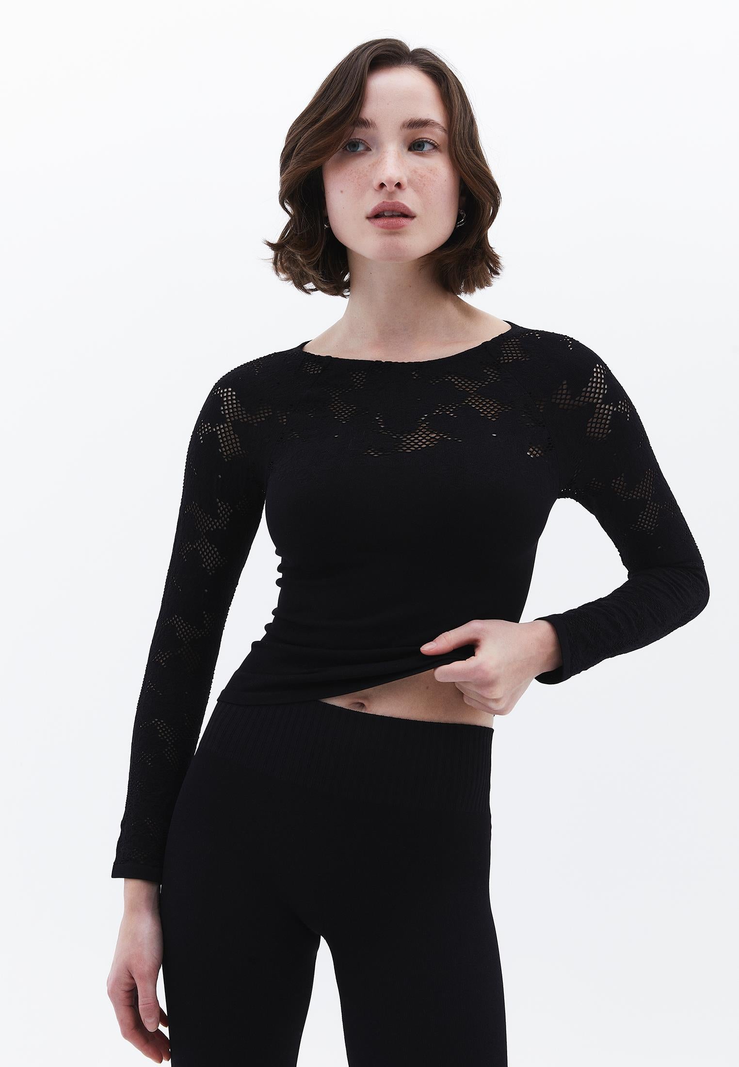 Jacquard Boat Neck Bodycon T-Shirt Long Sleeve - BLACK