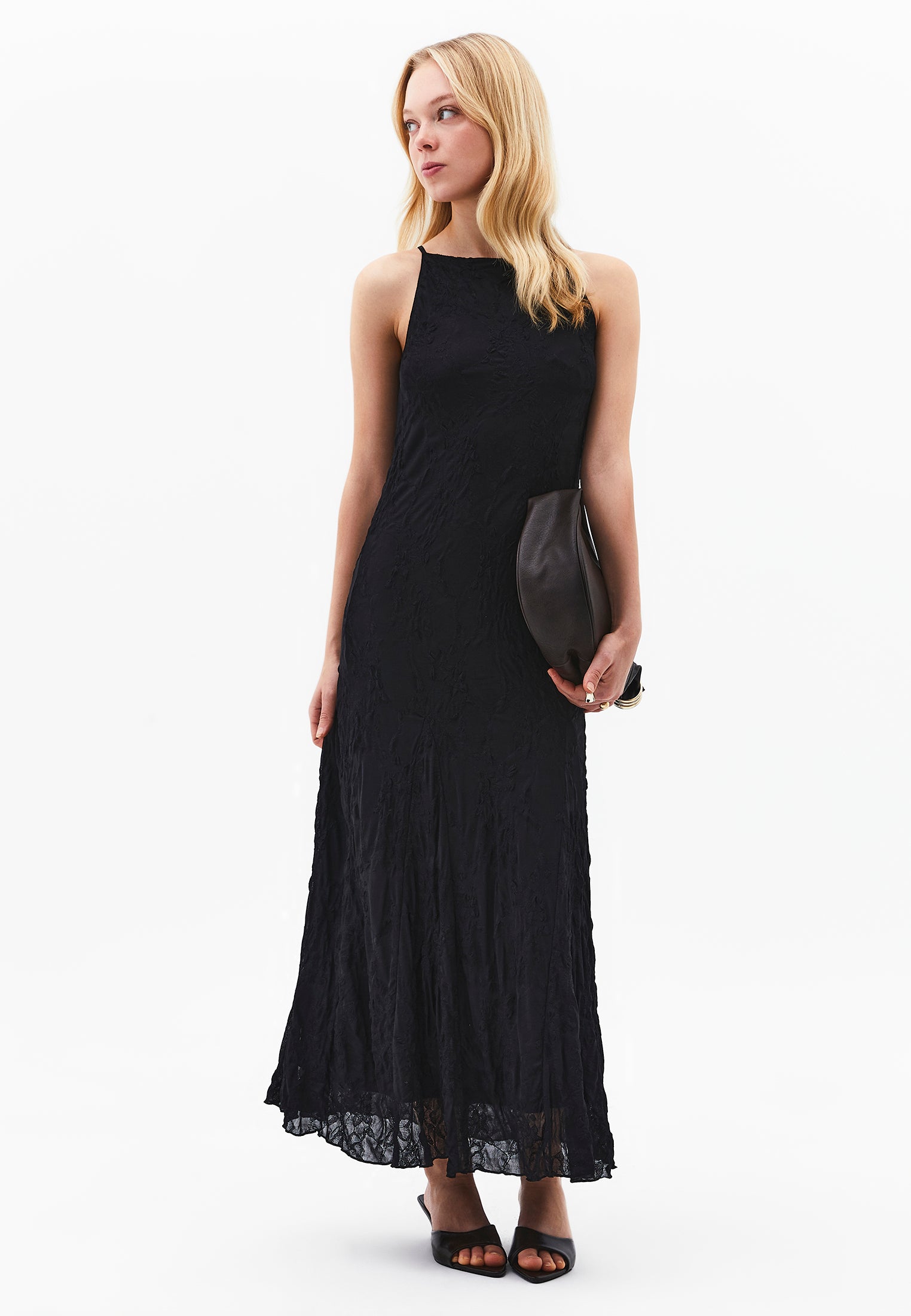 Sleeveless Long Dress With Crew Neck - BLACK