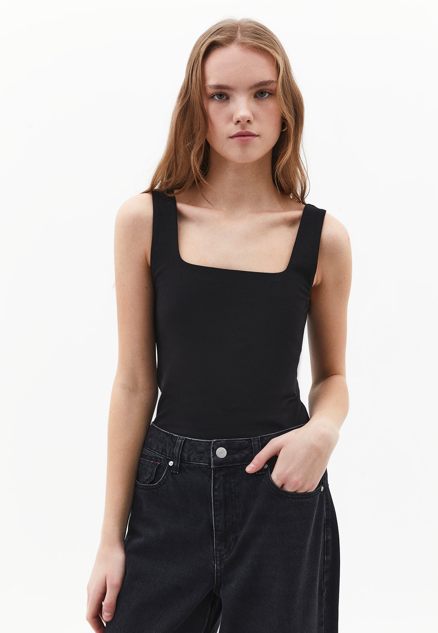 Square Neck Bodycon Tank Top - BLACK