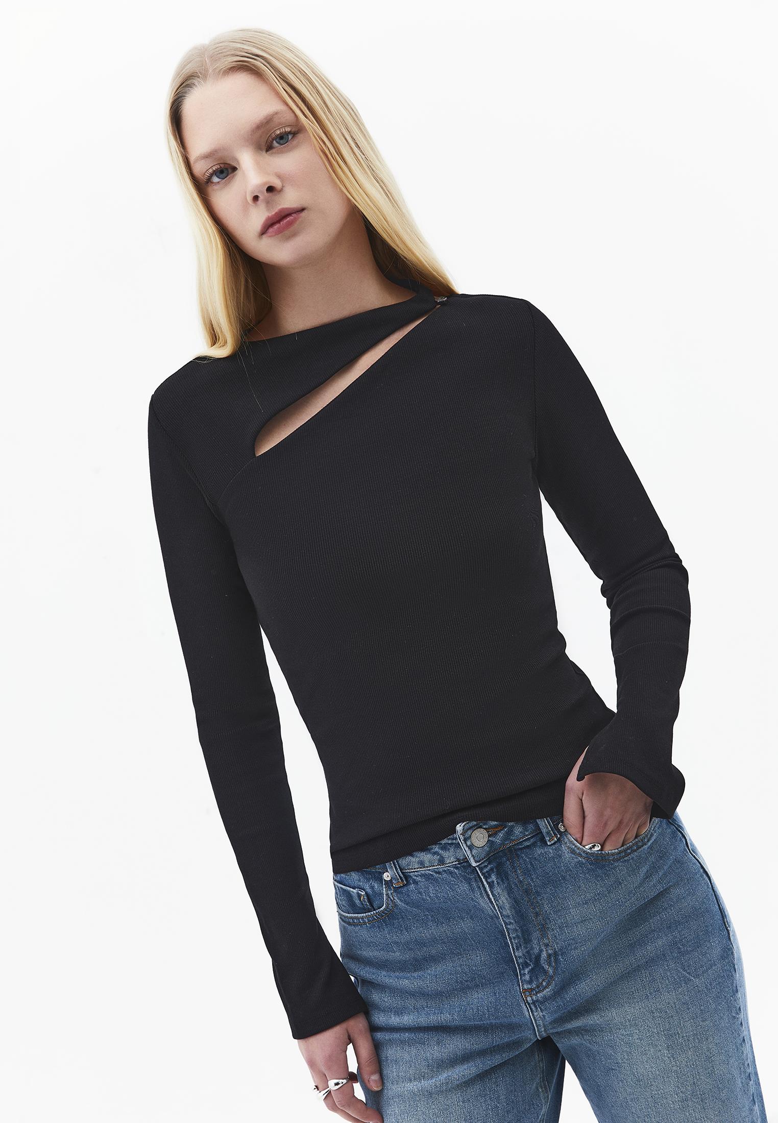 Asymmetric Cutout Long Sleeve Bodycon T-Shirt - BLACK