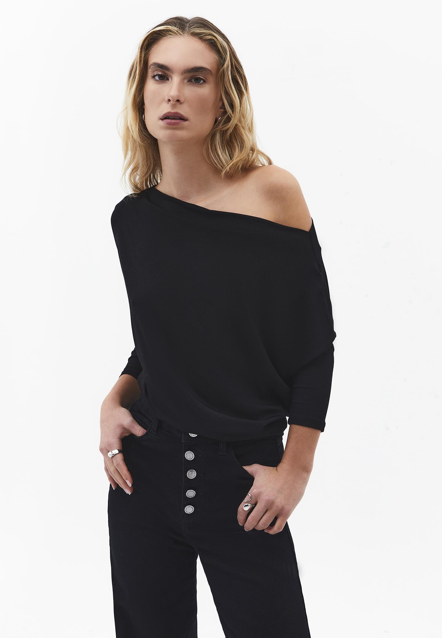 Asymmetric Neck Batwing Sleeve T-Shirt - BLACK