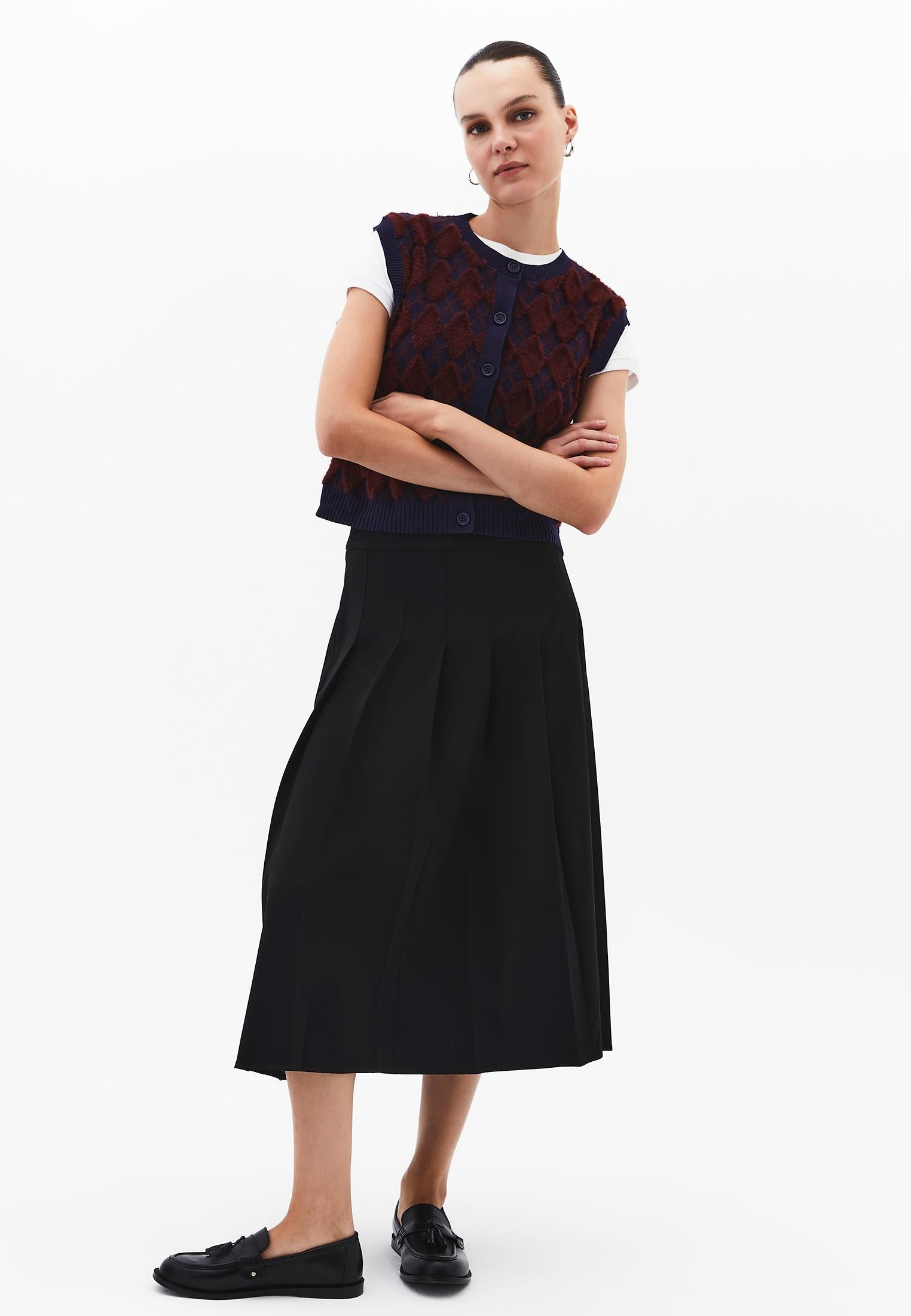 Long Pleated A-Line Skirt - BLACK