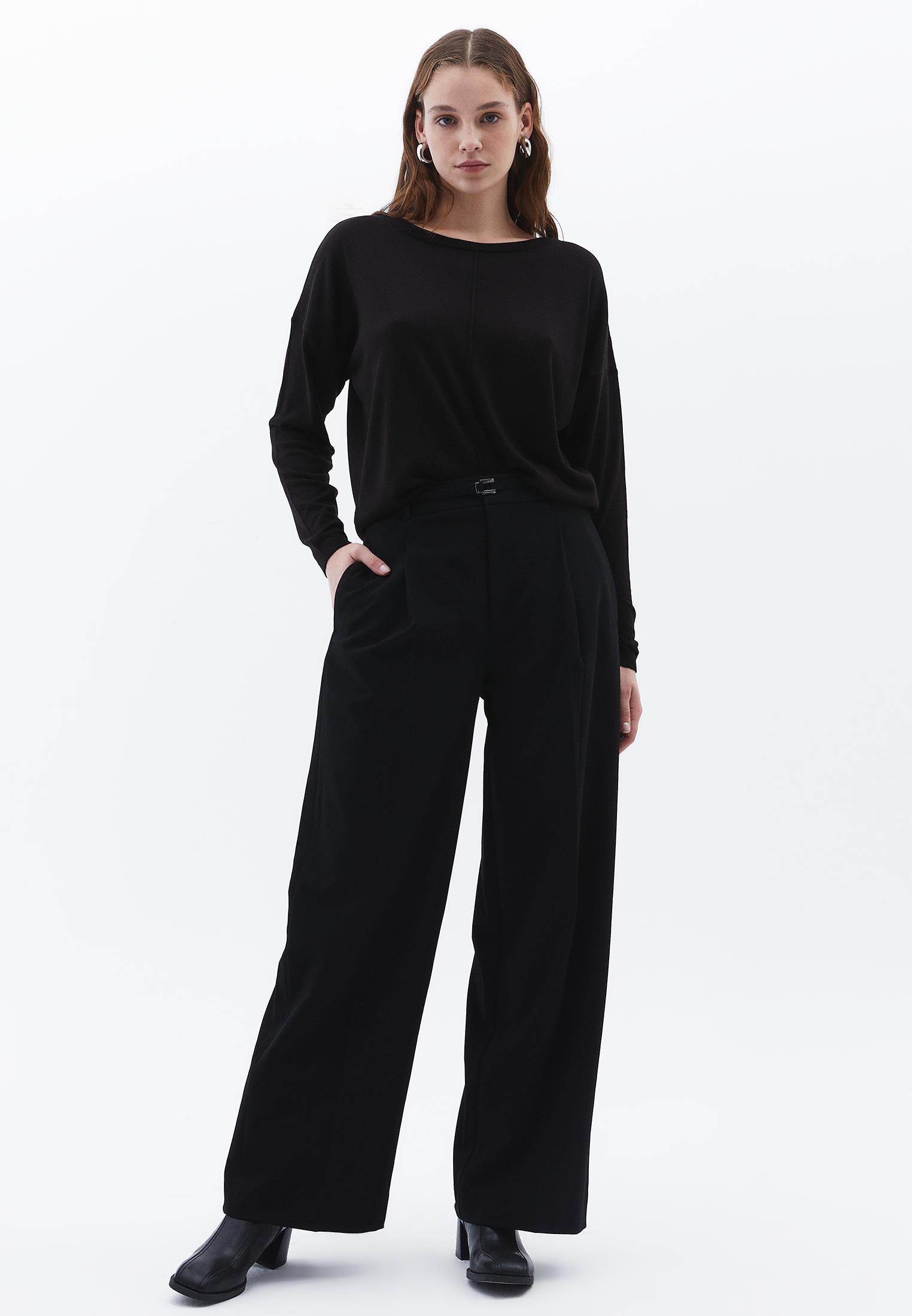 Straight Pants With Belt Detail - BLACK