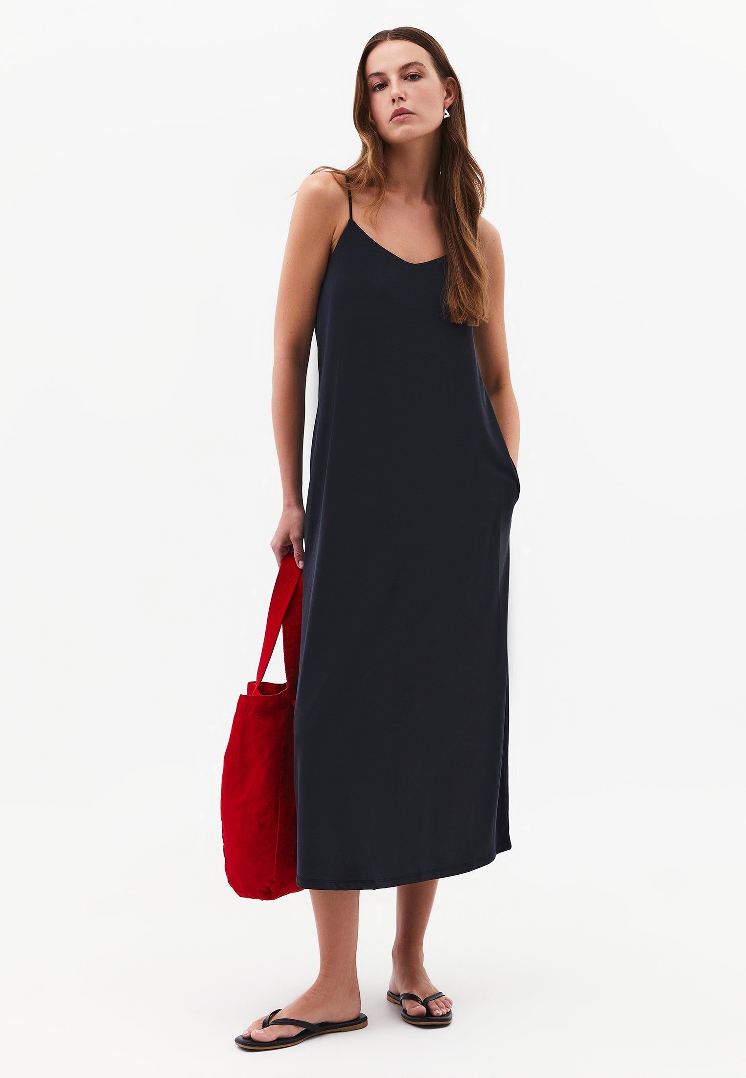 Strappy V Neck Midi Dress - BLACK