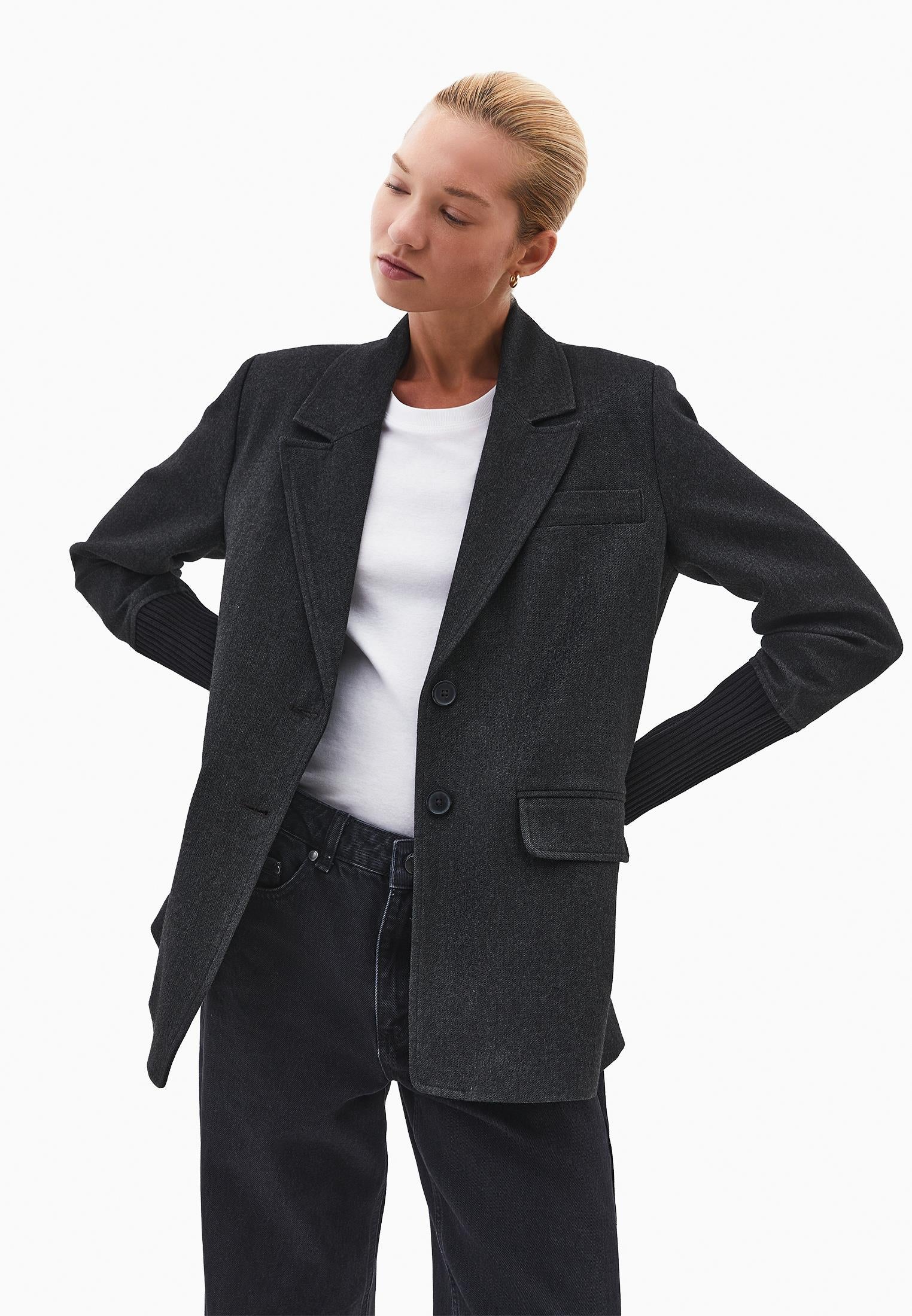 Double-Breasted Long-Sleeve Blazer Jacket - BLACK