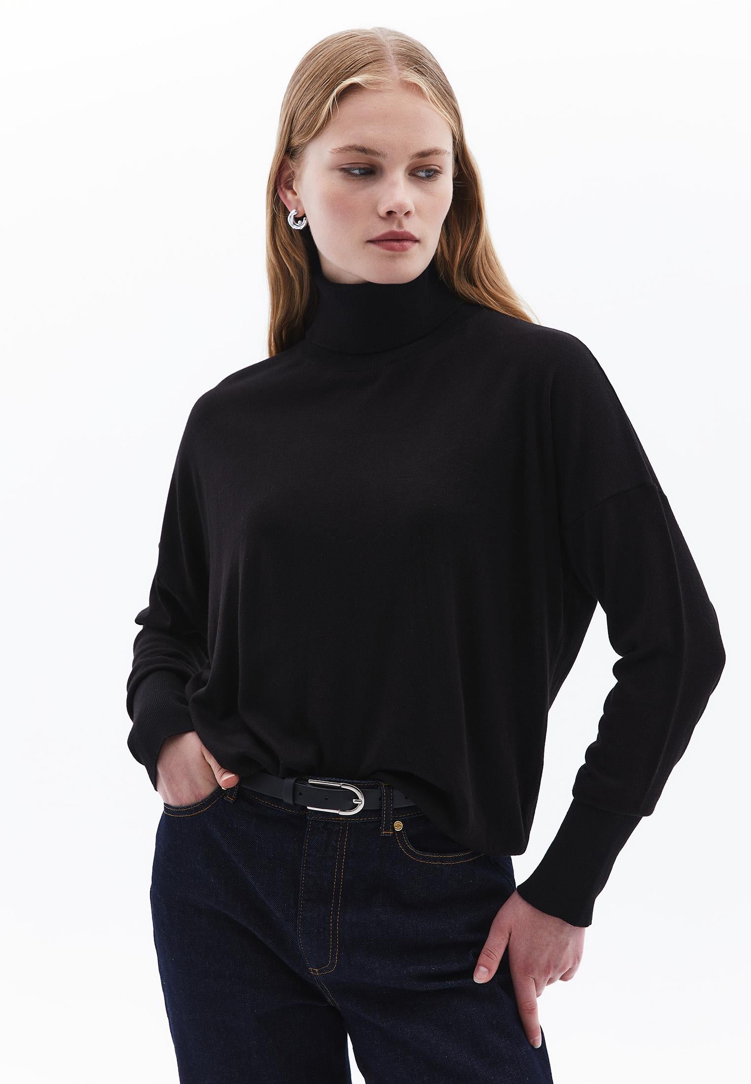 Turtleneck Long Sleeve Comfortable Knitwear - BLACK