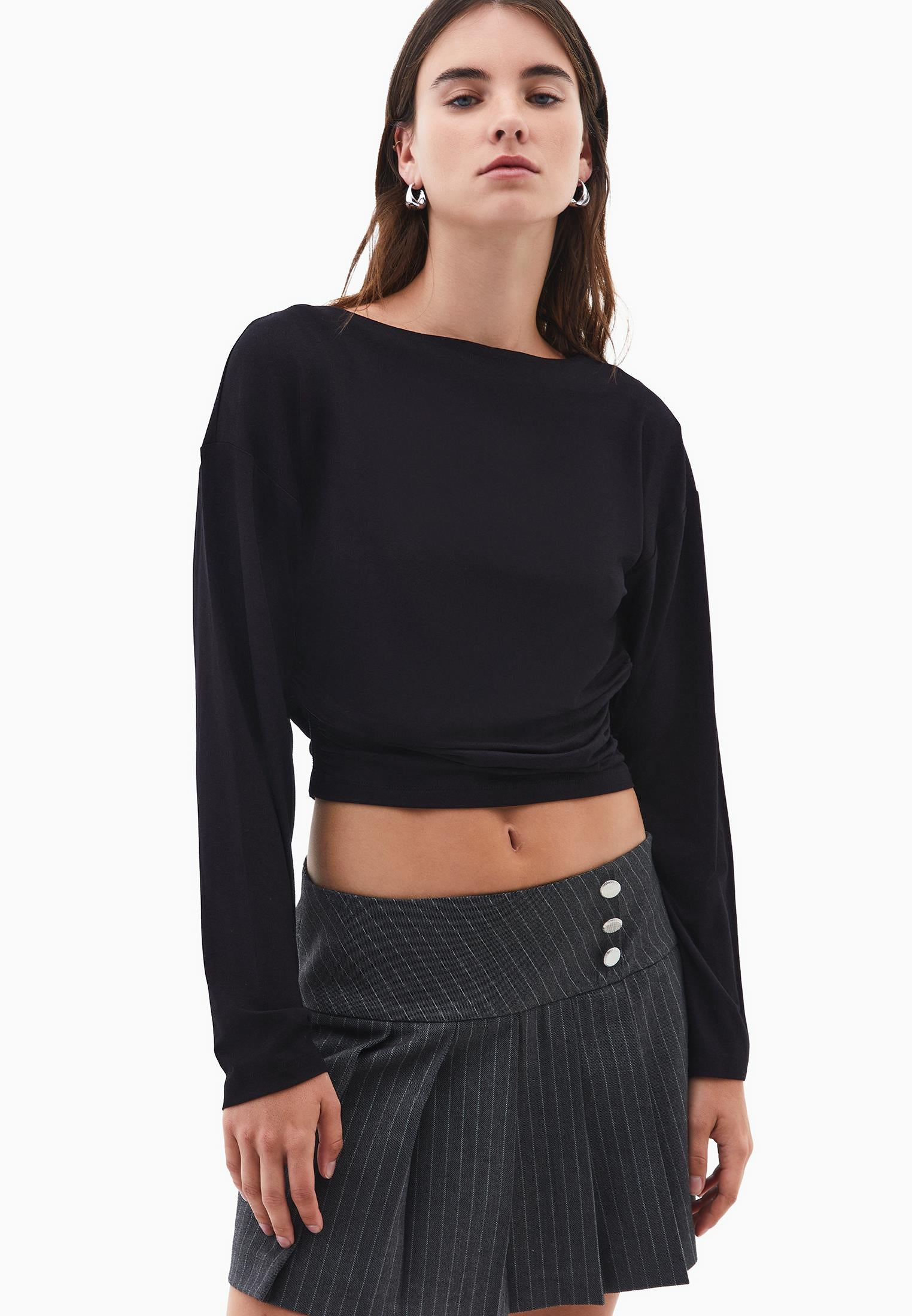 Boat Neck Long Sleeve T-Shirt - BLACK