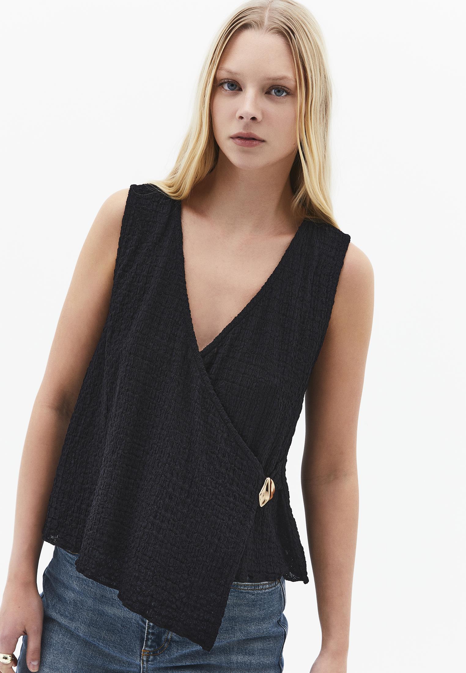 V Neck Blouse Without Sleeve Detail - BLACK