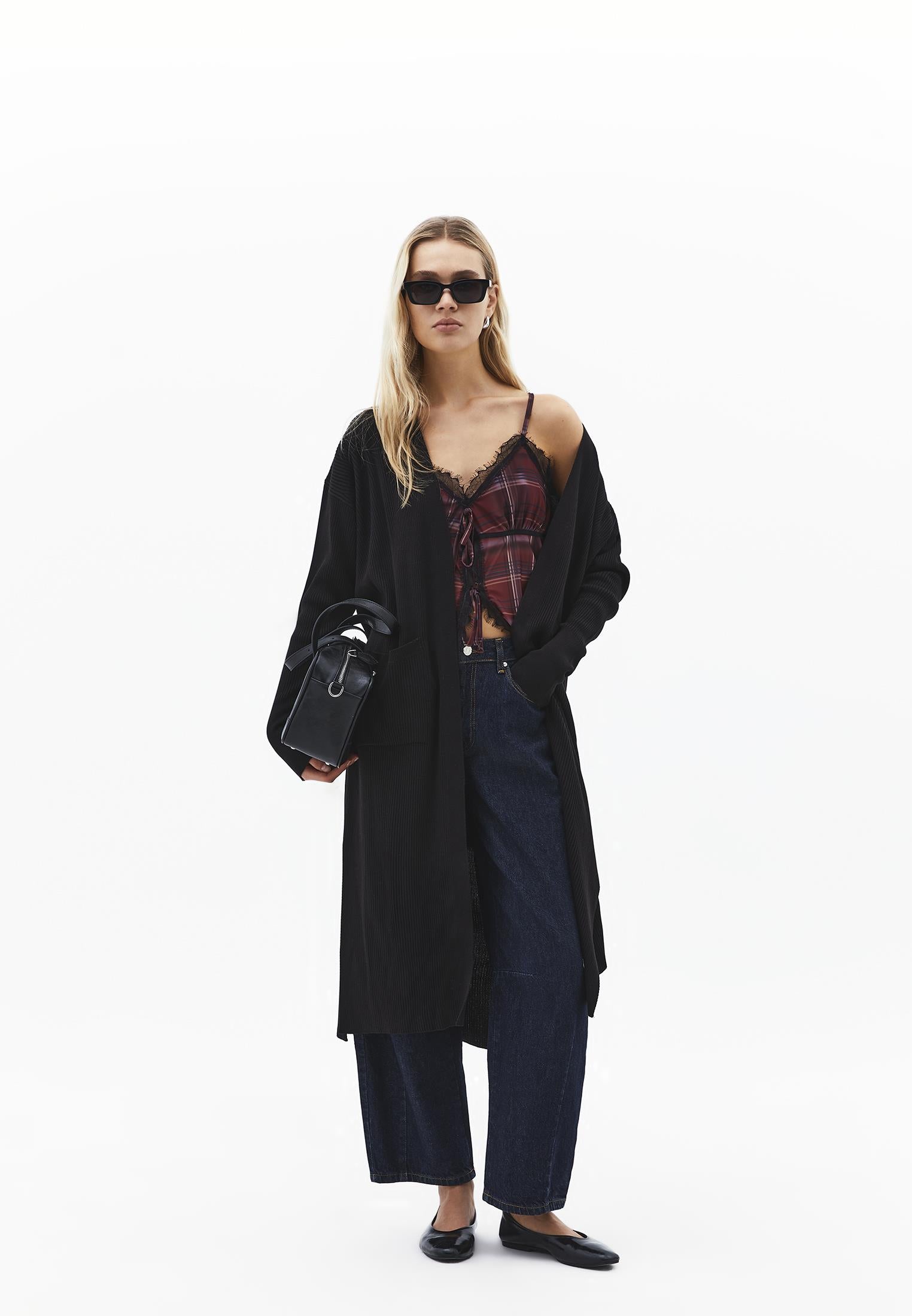 Ribbed Long Sleeve Cardigan - BLACK