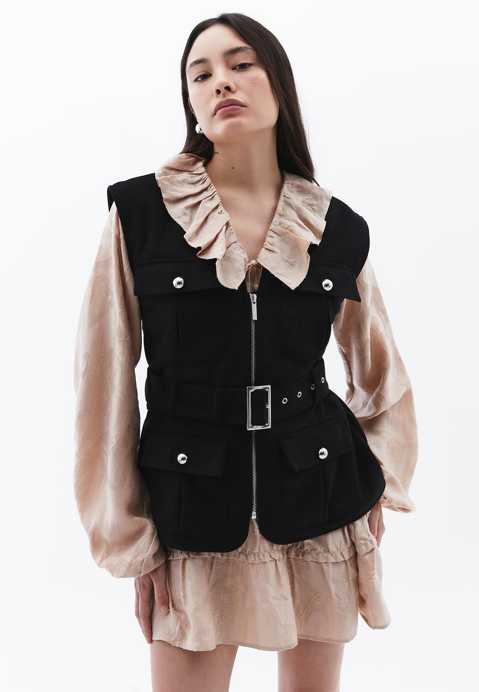 V Neck Belted Vest - BLACK