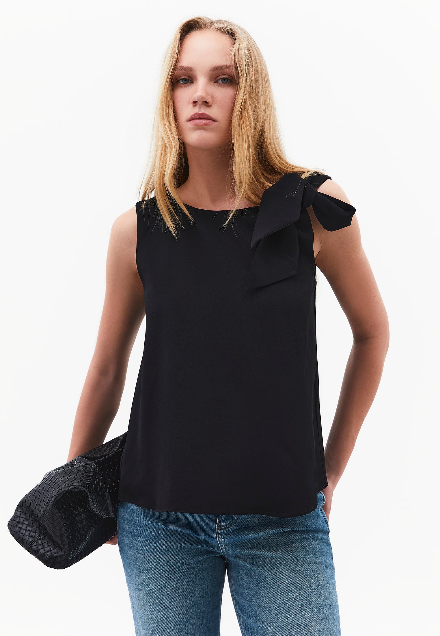 Boat Neck Blouse With Bow Detail - BLACK