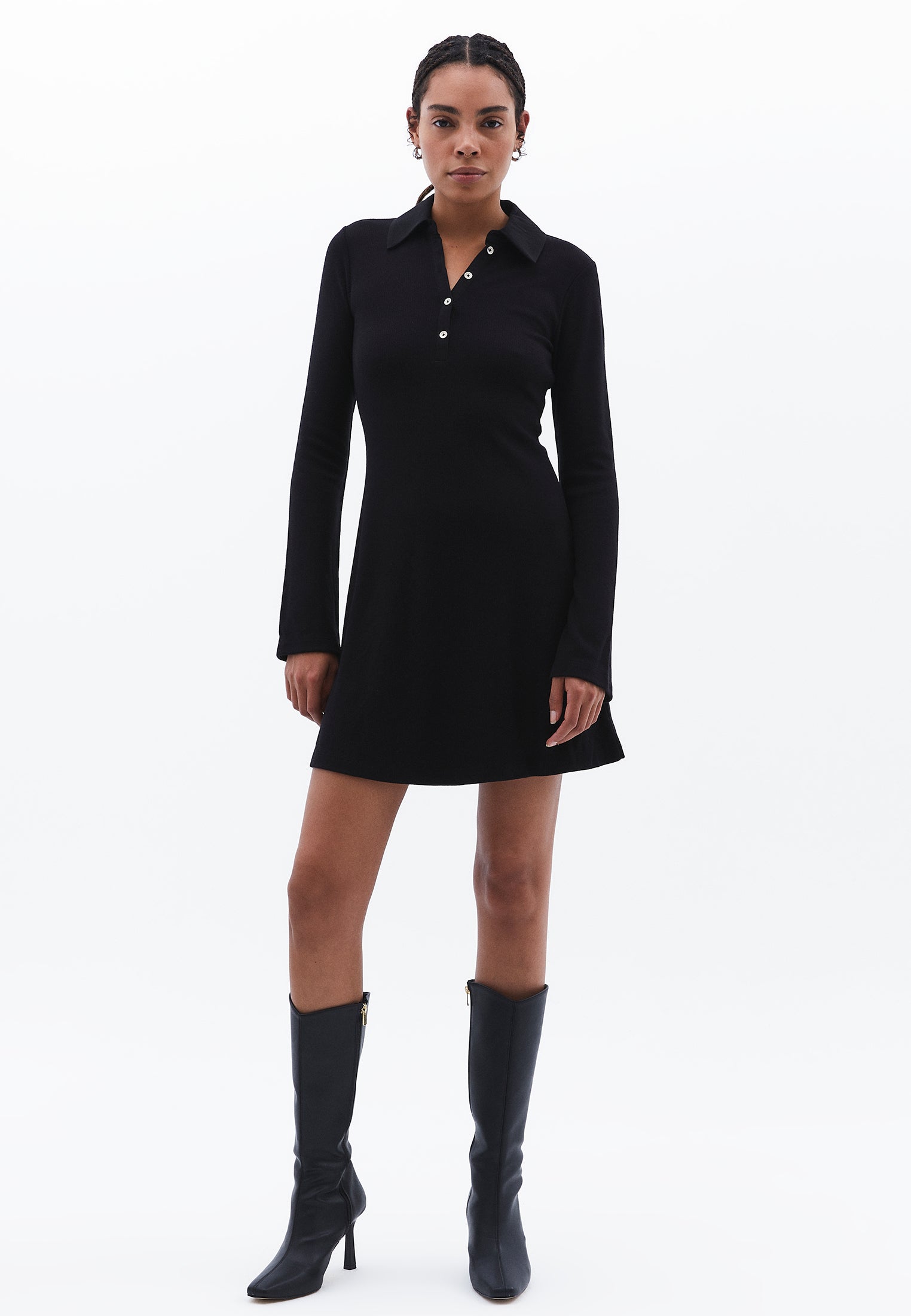 Polo Neck Long Sleeve Short Dress - BLACK
