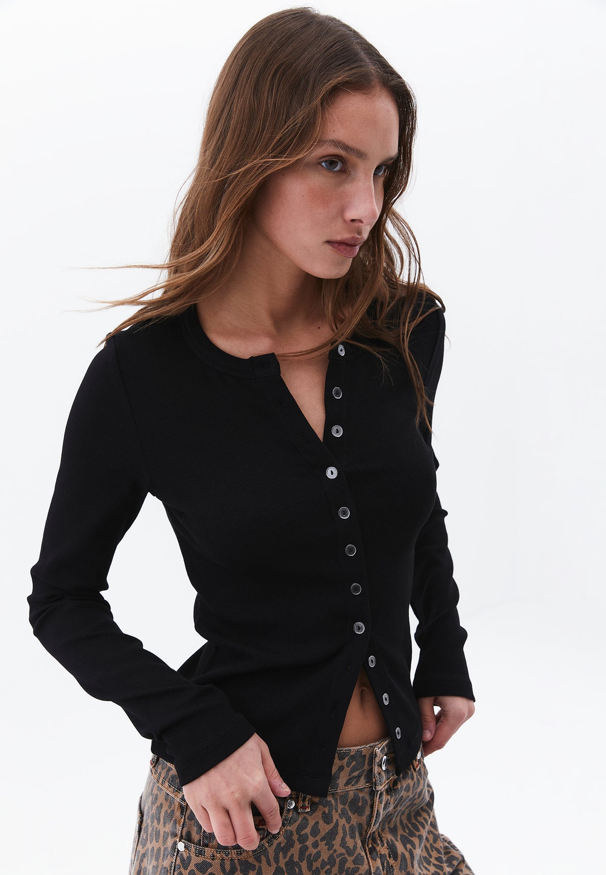 Long Sleeve Crew Neck Bodycon T-Shirt - BLACK