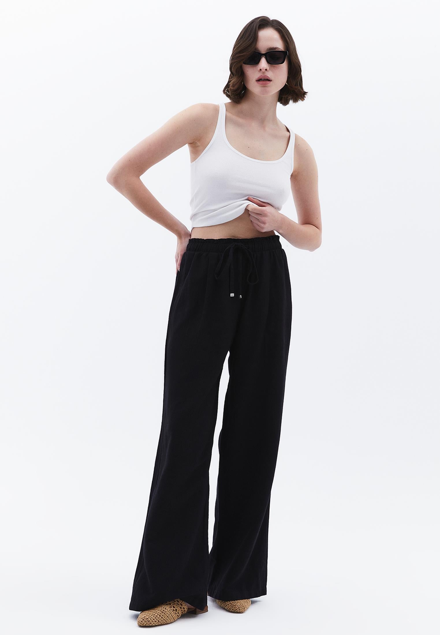 Wide Leg High Waist Pants - BLACK