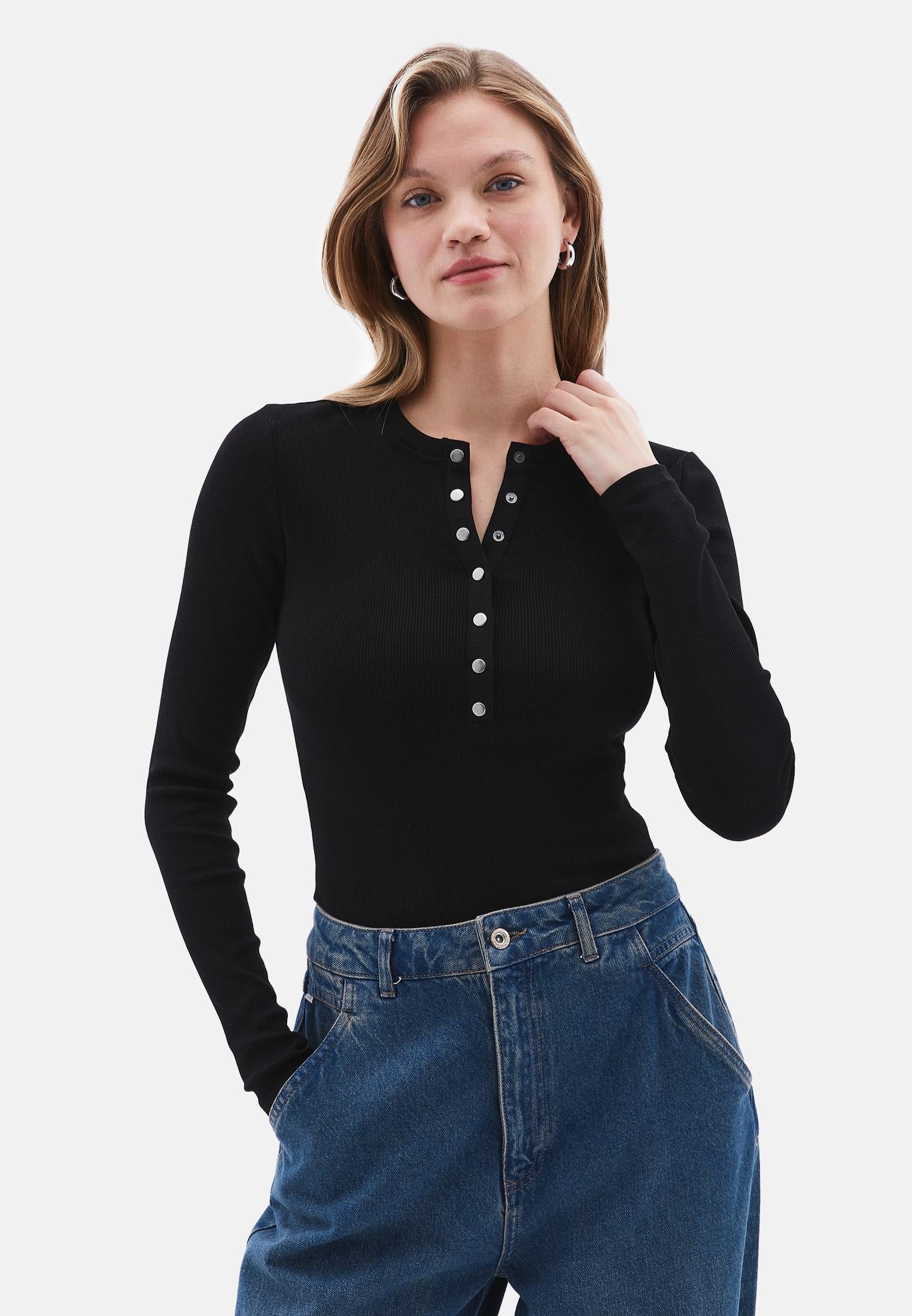 Ribbed Fabric Long Sleeve T-Shirt Crew Neck - BLACK